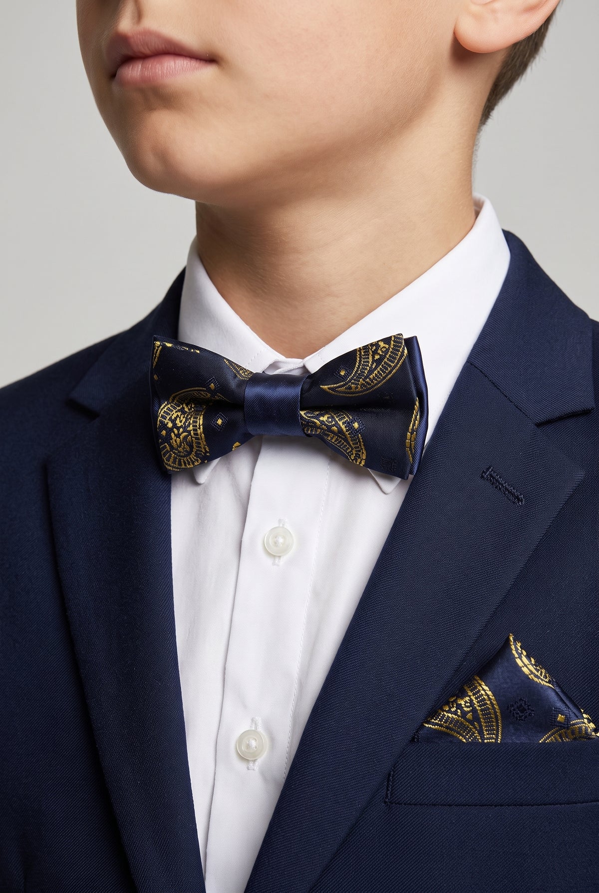 Boys & Men's Paisley Bow Tie or Bow Tie & Pocket Square Set - Navy Blue and Gold