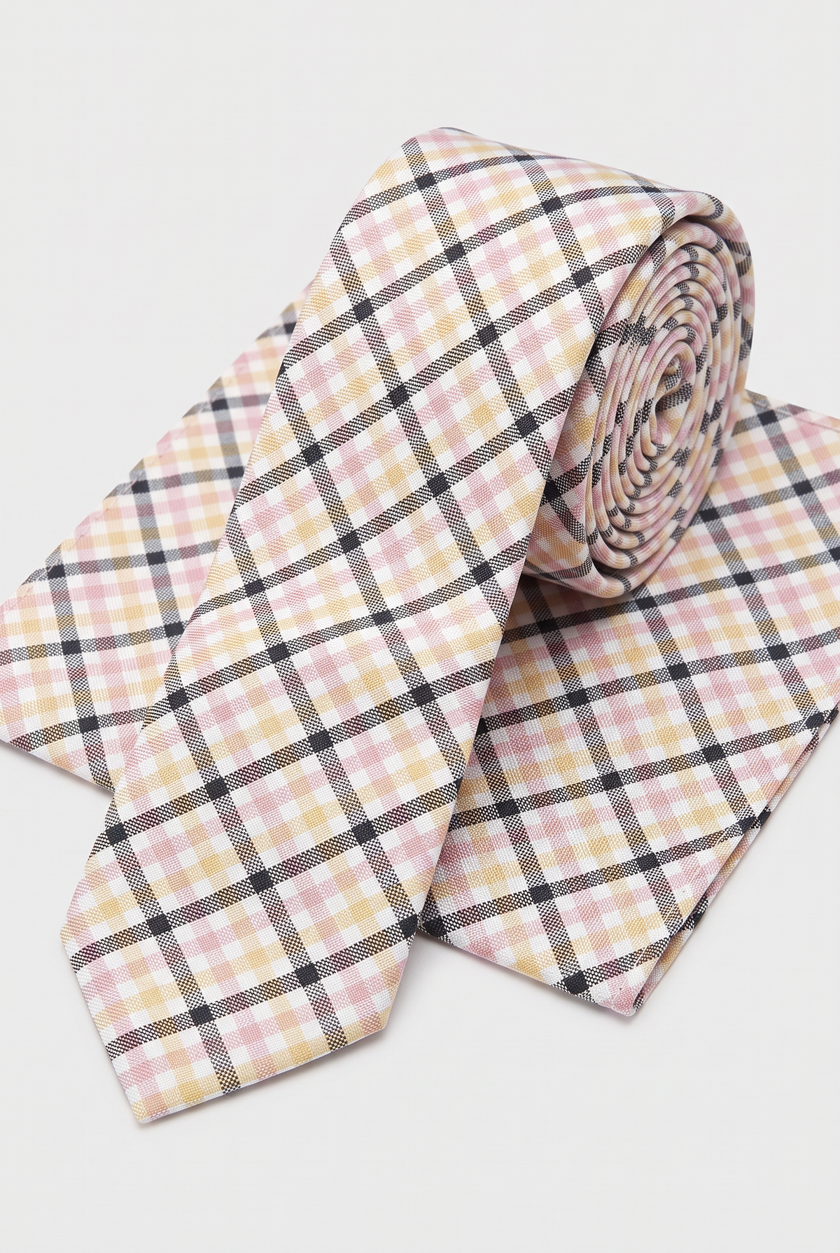 Boys Plaid Checkered Tie & Hankie Set Pink and Black