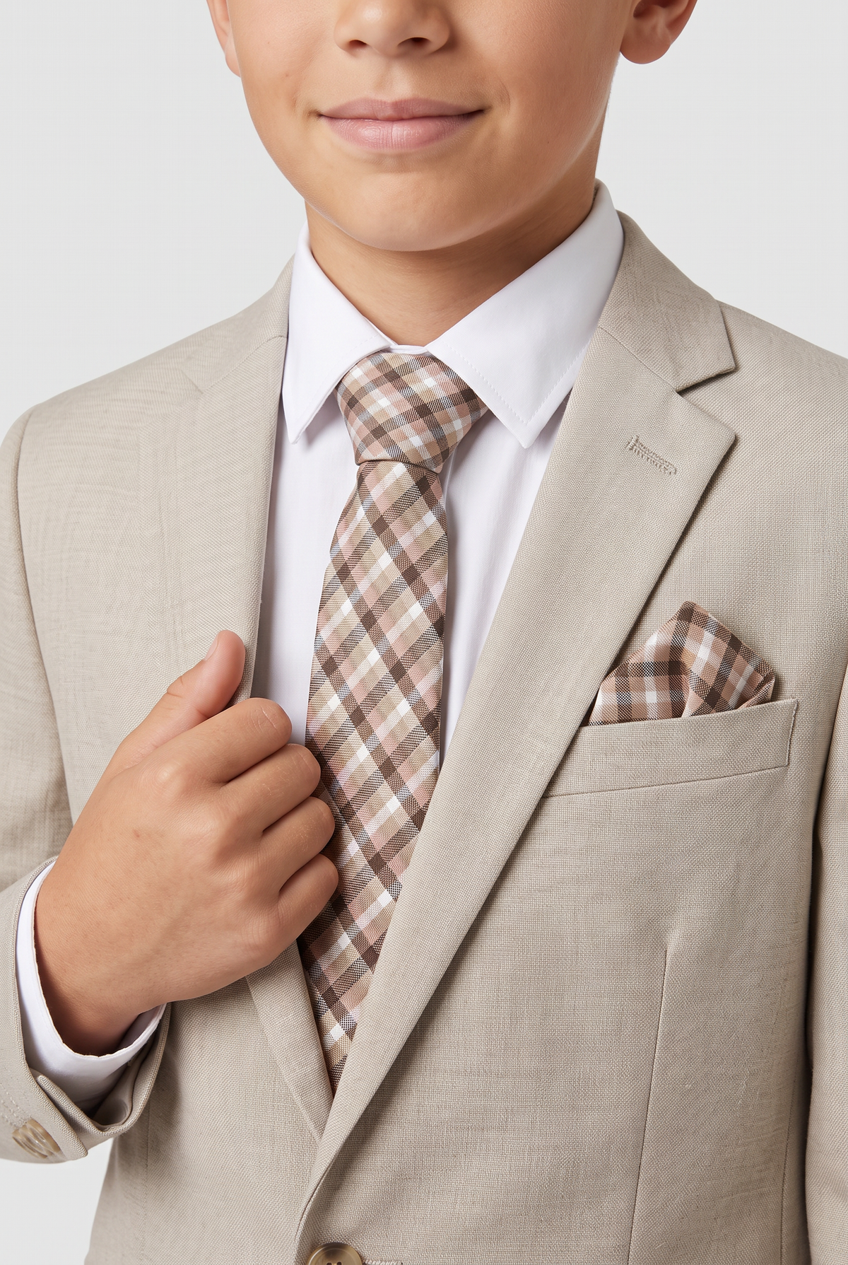 Boys Plaid Checkered Tie & Hankie Set Brown and White