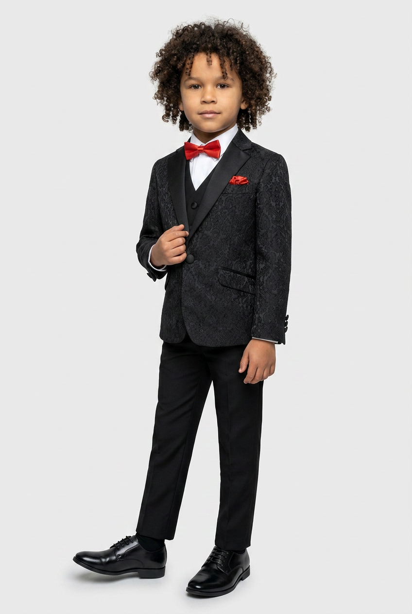 Boys Jacquard Satin Black Suit - Black