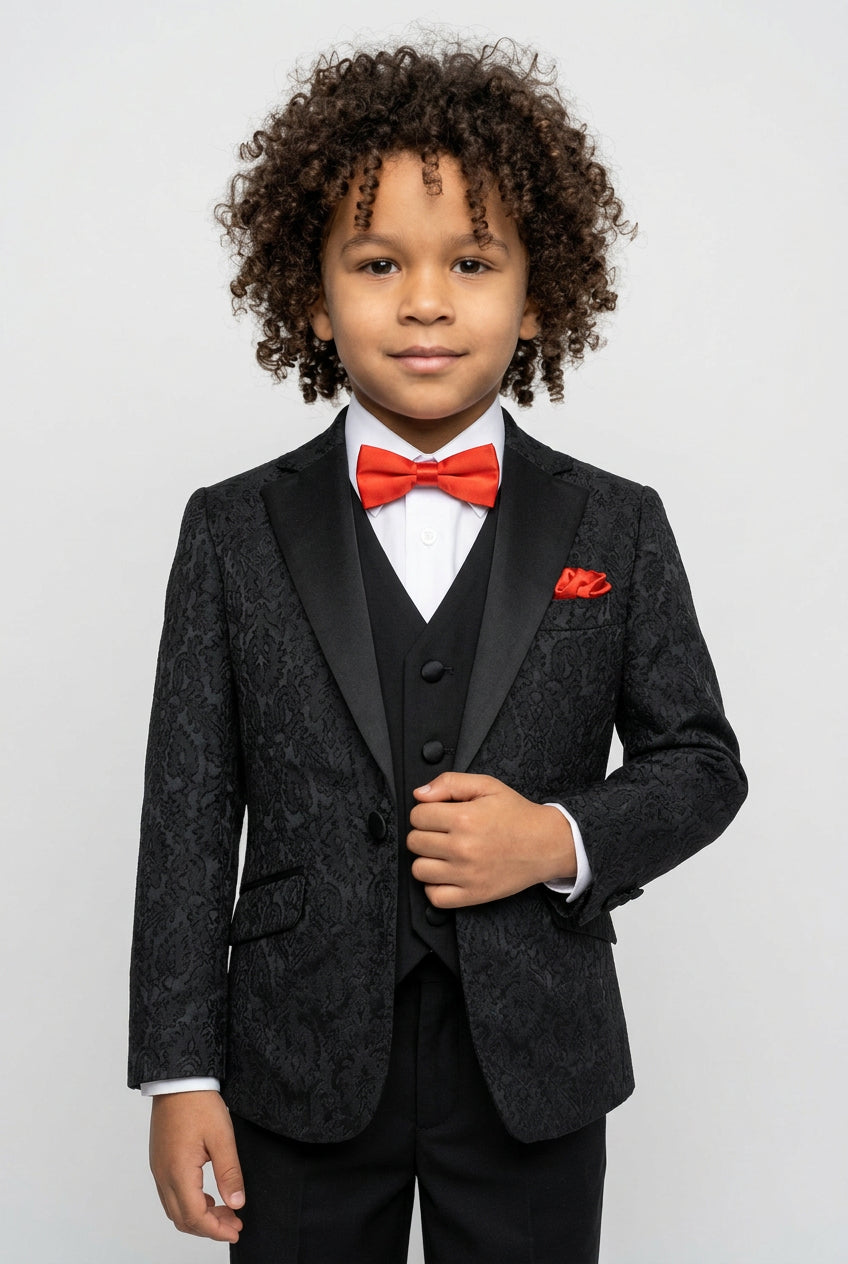 Boys Jacquard Satin Black Suit - Black
