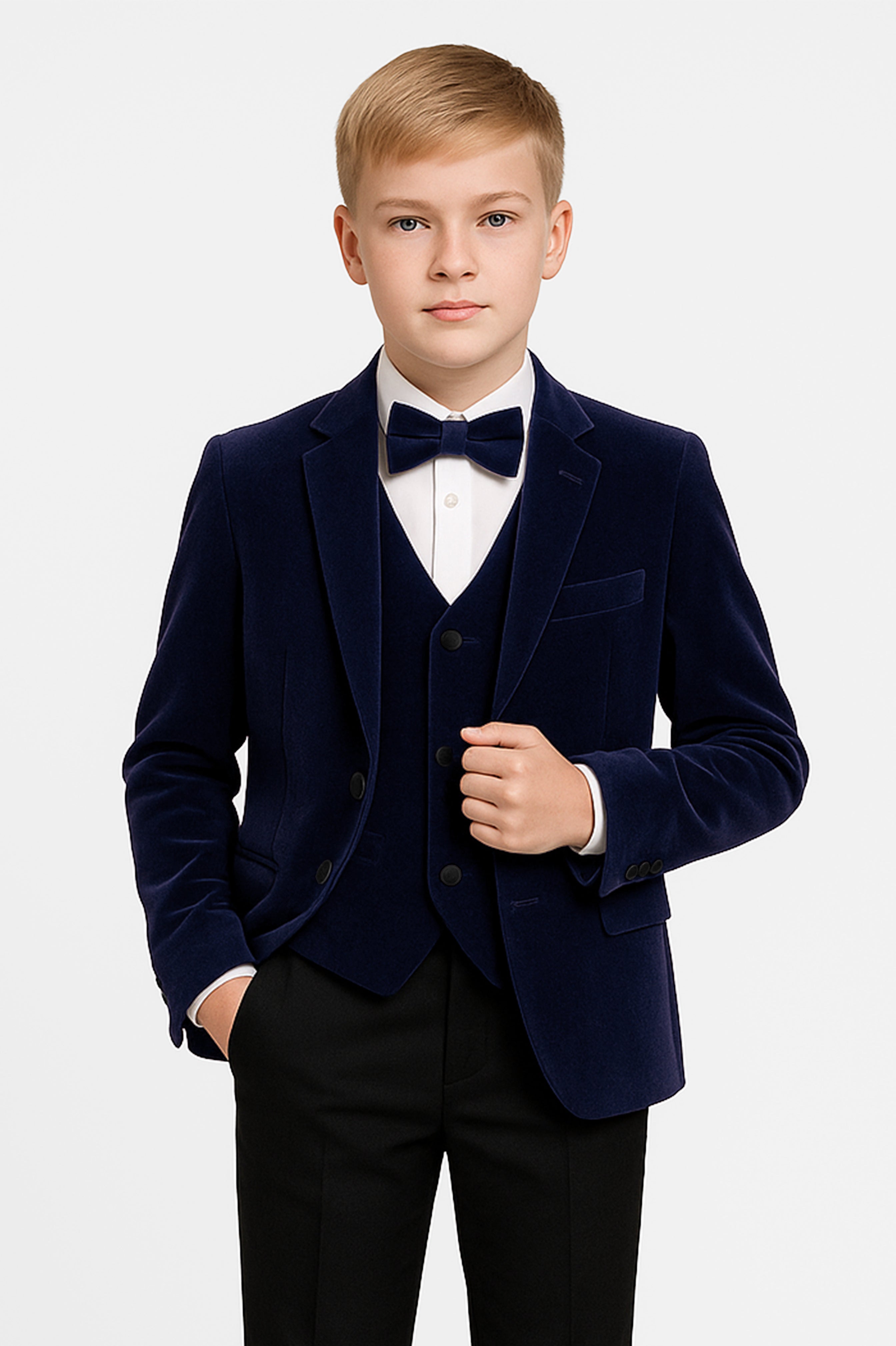 Boys Slim Fit Velvet Dinner Suit - 3-Piece & 5-Piece - SAVOY - Navy Blue