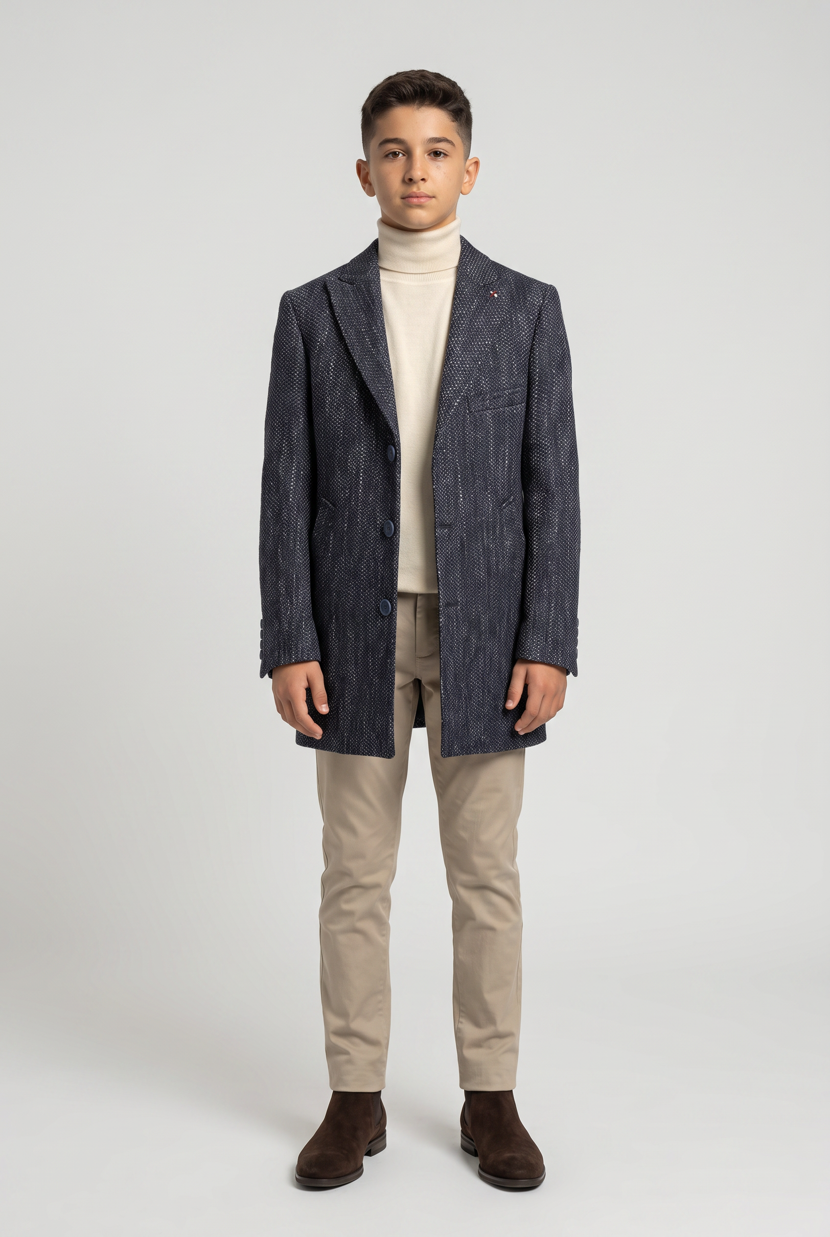 Boys Navy Grey Textured Tweed Blazer