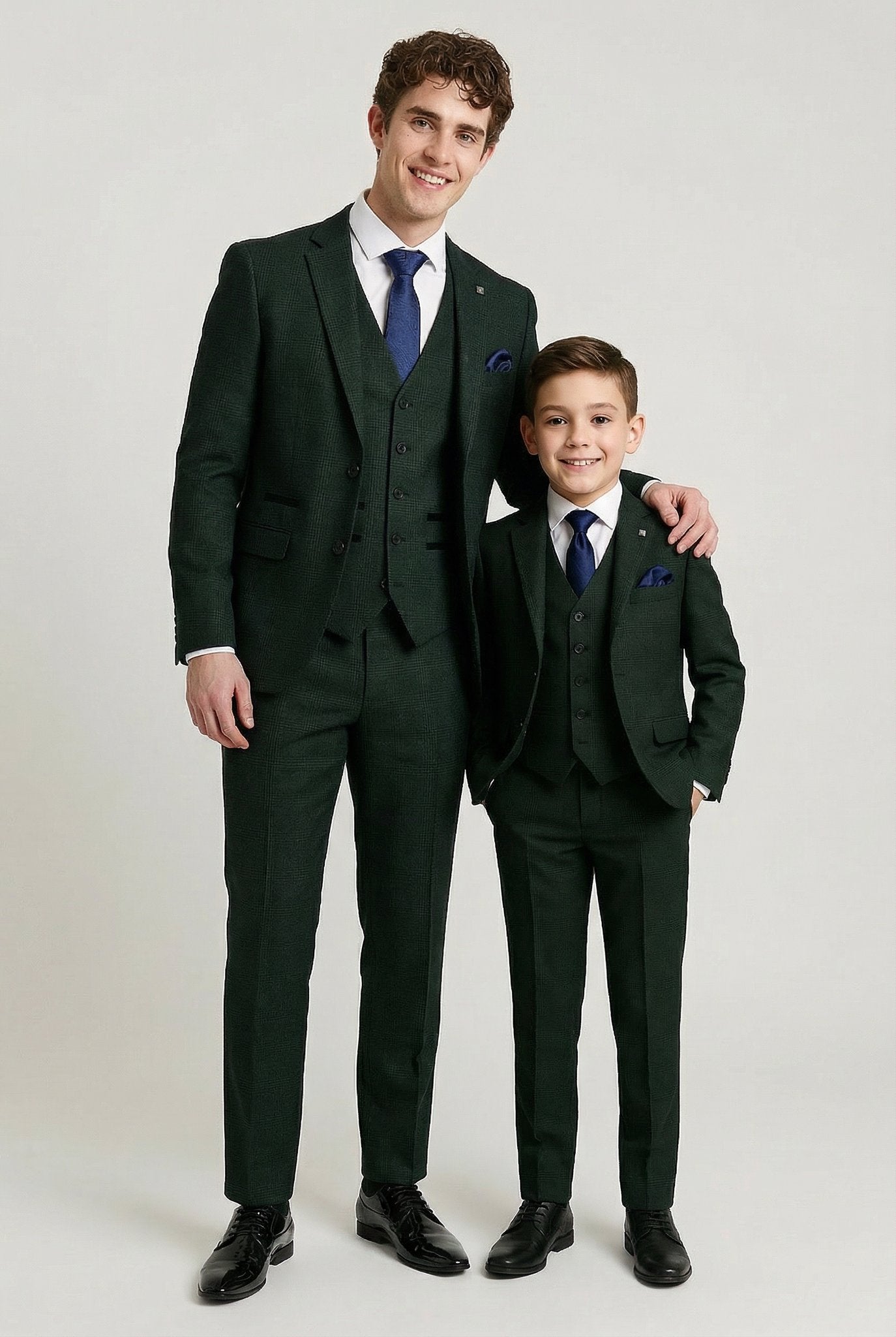 Father & Son Matching Glen Check Tweed 3-Piece Suit Set - Regent - Olive Green