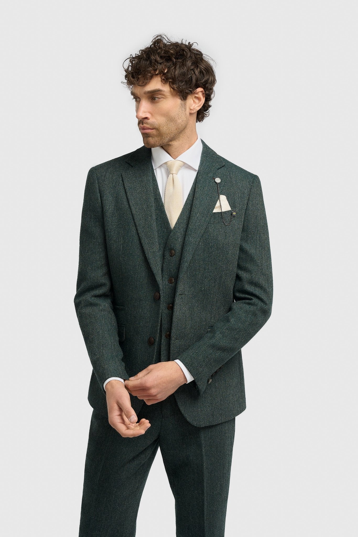 Men’s 3-Piece Wool Herringbone Tweed Suit - Thomas - Olive Green Front Picture