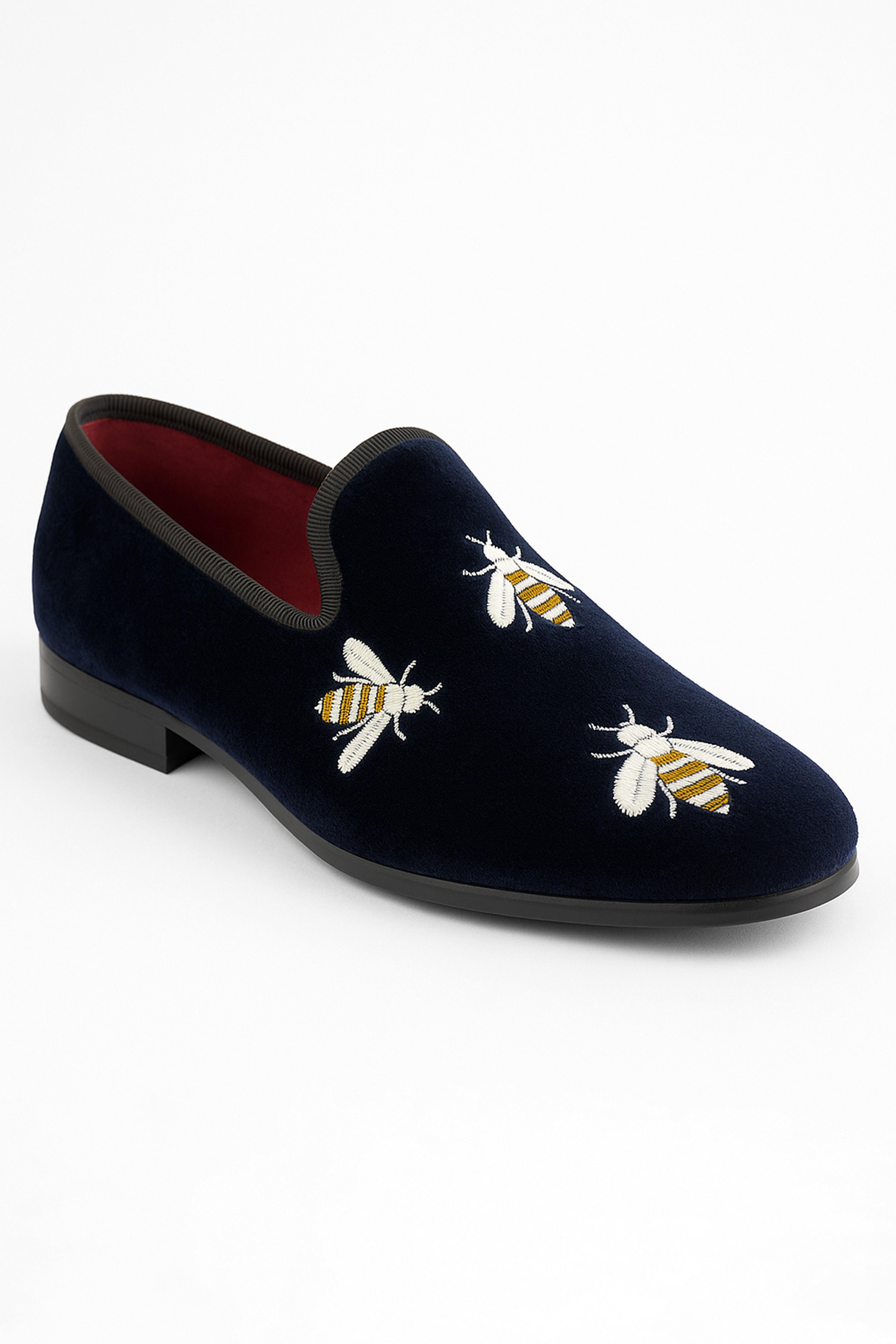 Boys Velvet Bee Embroidered Slip On Loafers - Navy Blue