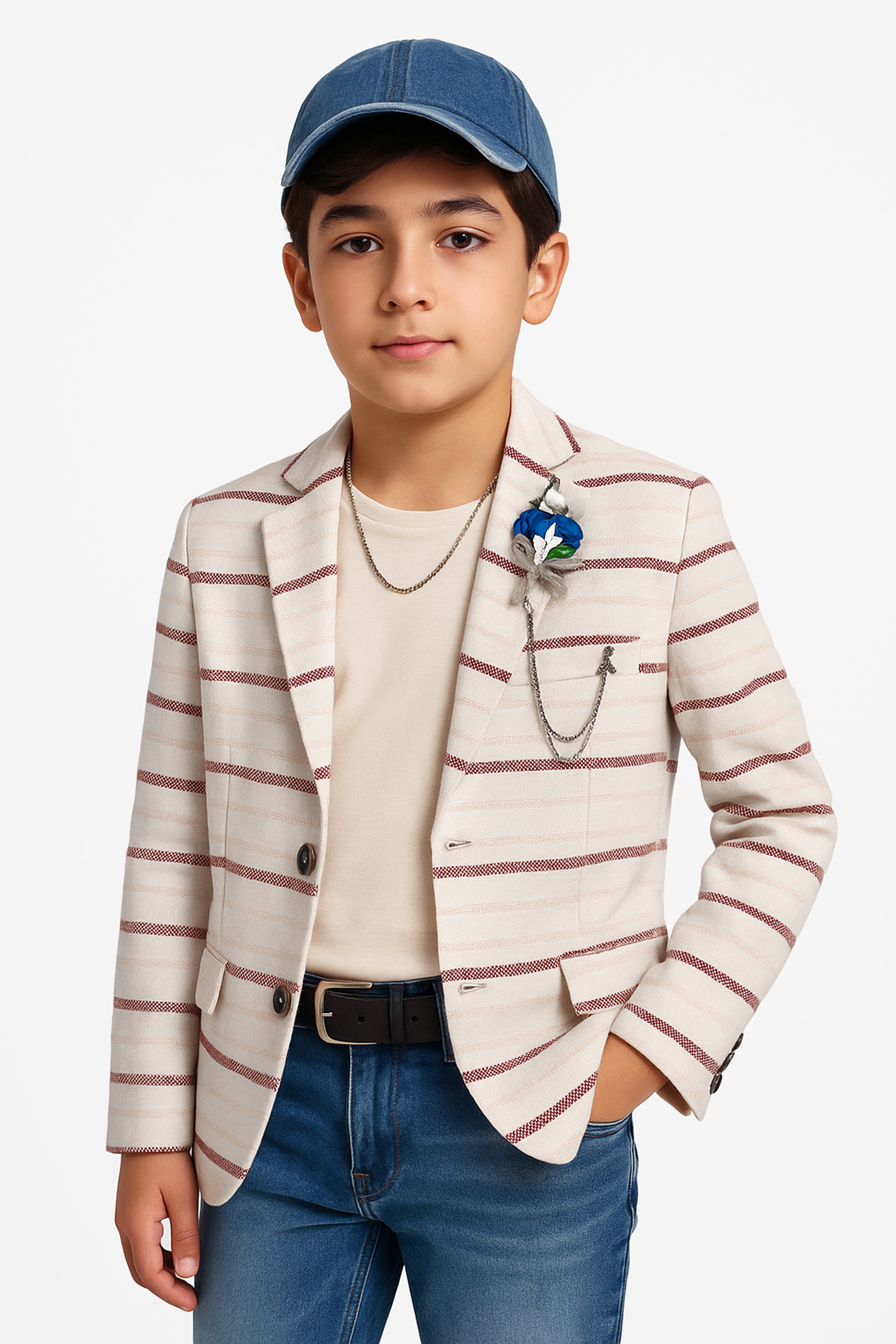 Boys Slim Fit Striped Blazer - Beige - Burgundy Model Picture