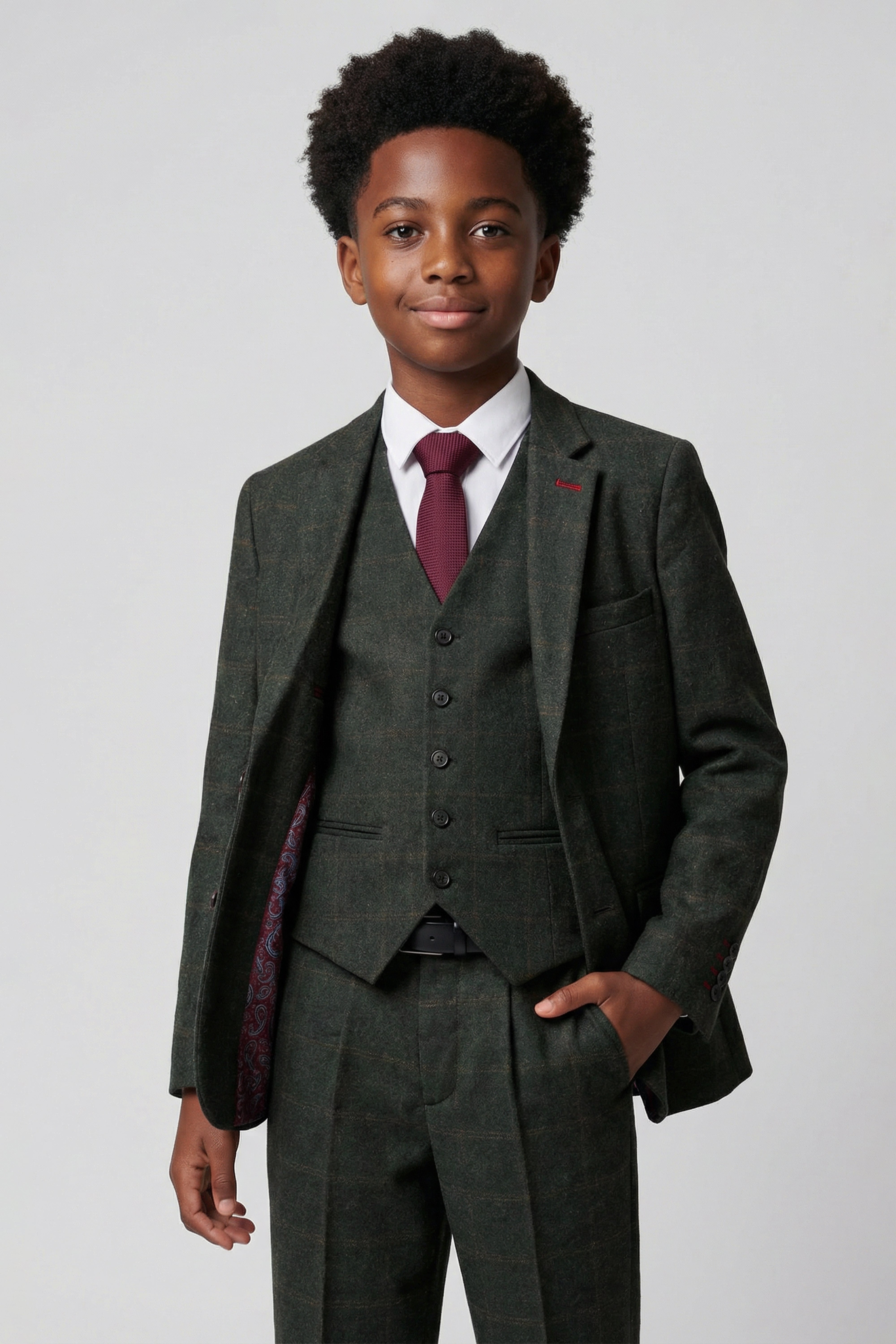 Father & Son Matching Windowpane Check Wool Tweed 3-Piece Suit Set - Joshua - Dark Green