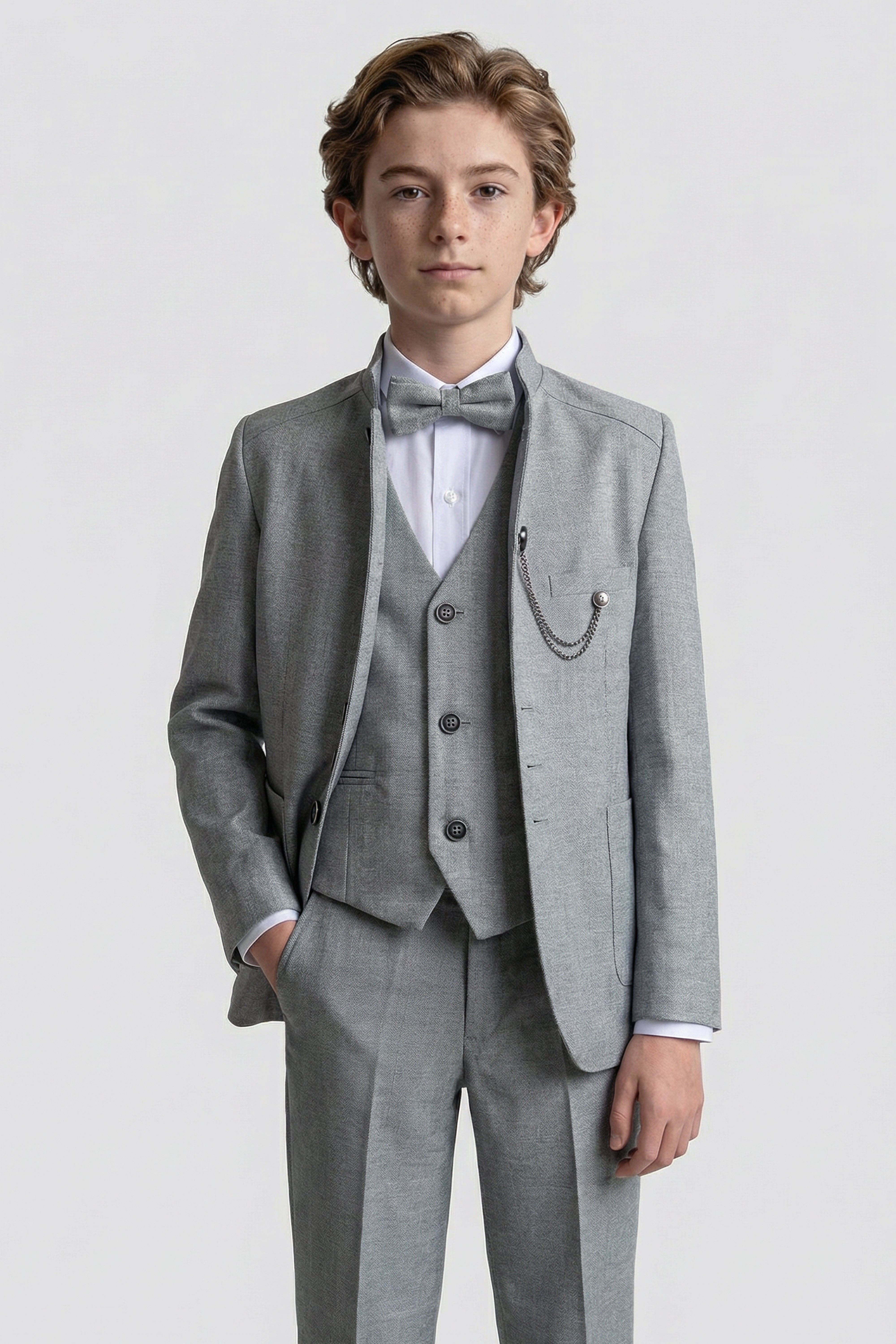 Boys’ 6-Piece Formal Ottoman Suit with Mandarin Collar - Grey