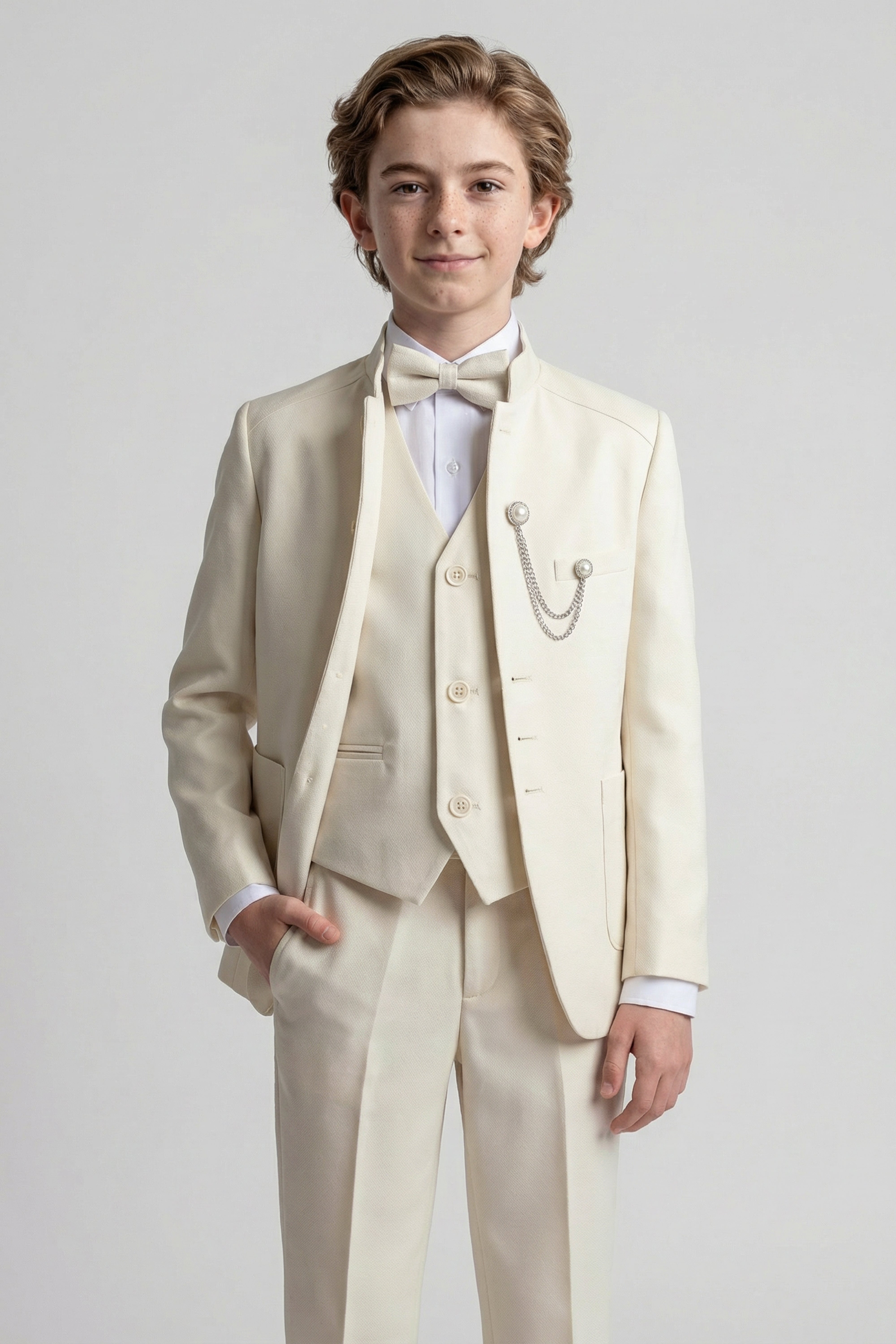 Boys’ Ivory 6-Piece Ottoman Formal Suit with Mandarin Collar