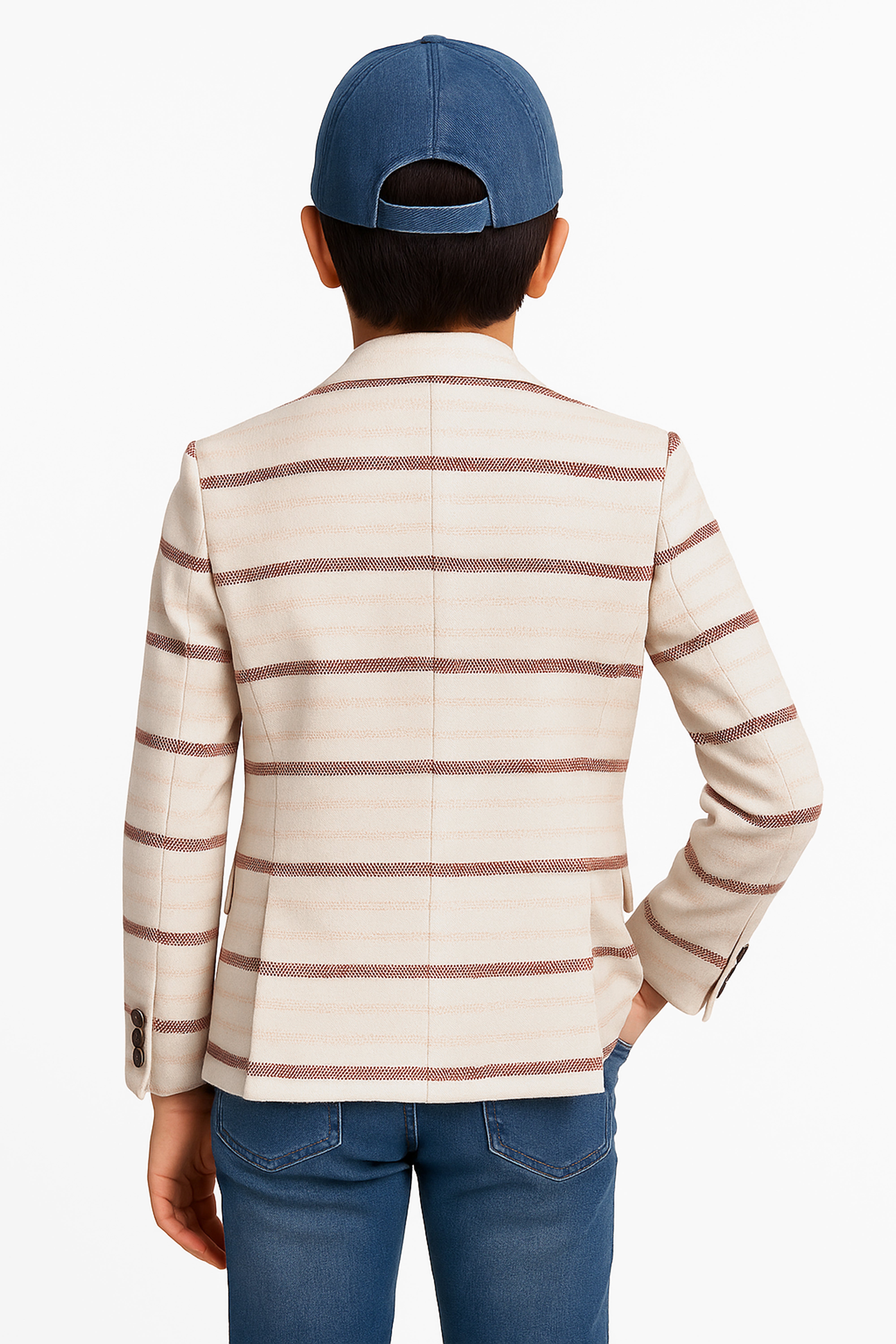 Boys Slim Fit Striped Blazer - Beige - Burgundy Back Picture