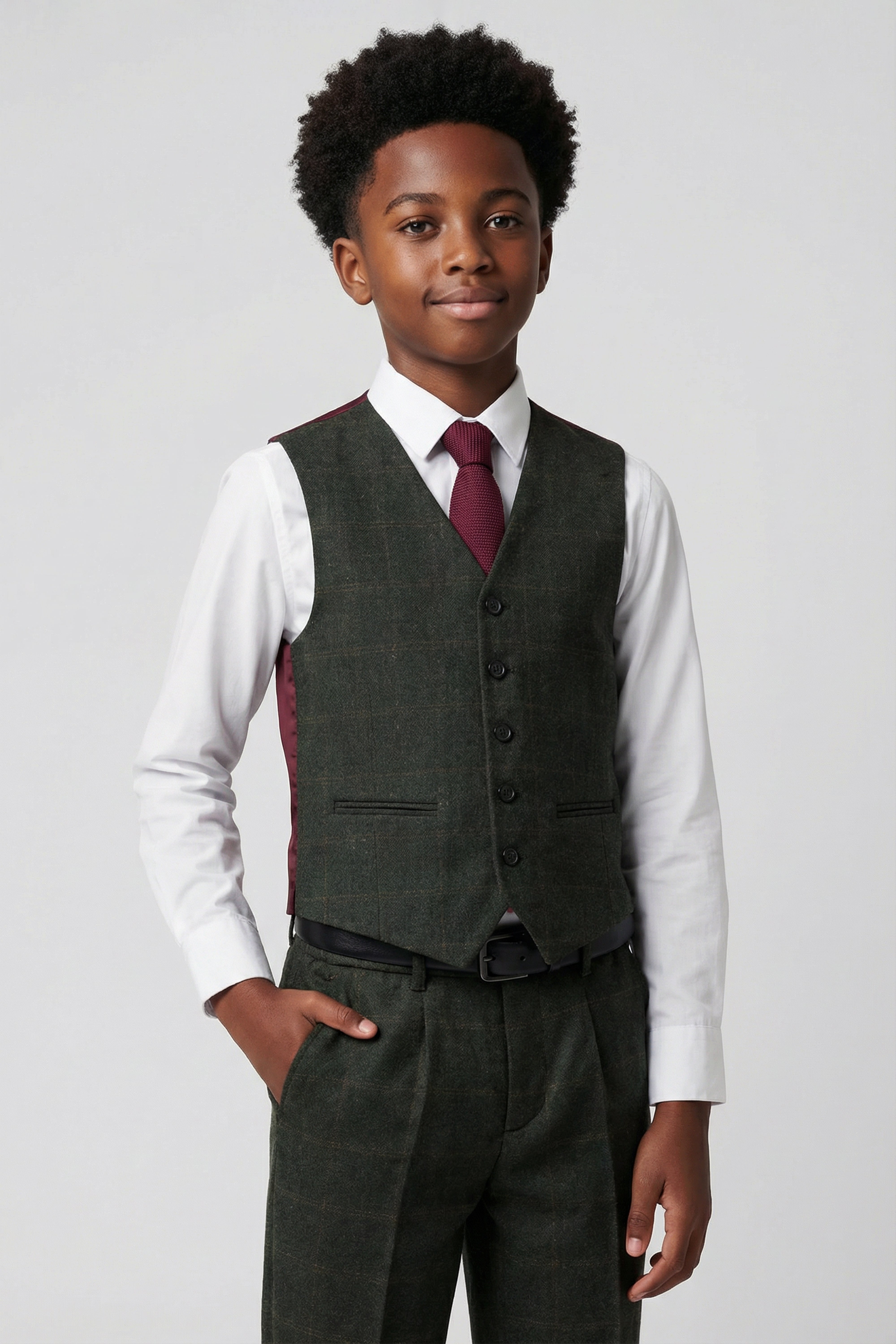 Father & Son Matching Windowpane Check Wool Tweed 3-Piece Suit Set - Joshua - Dark Green