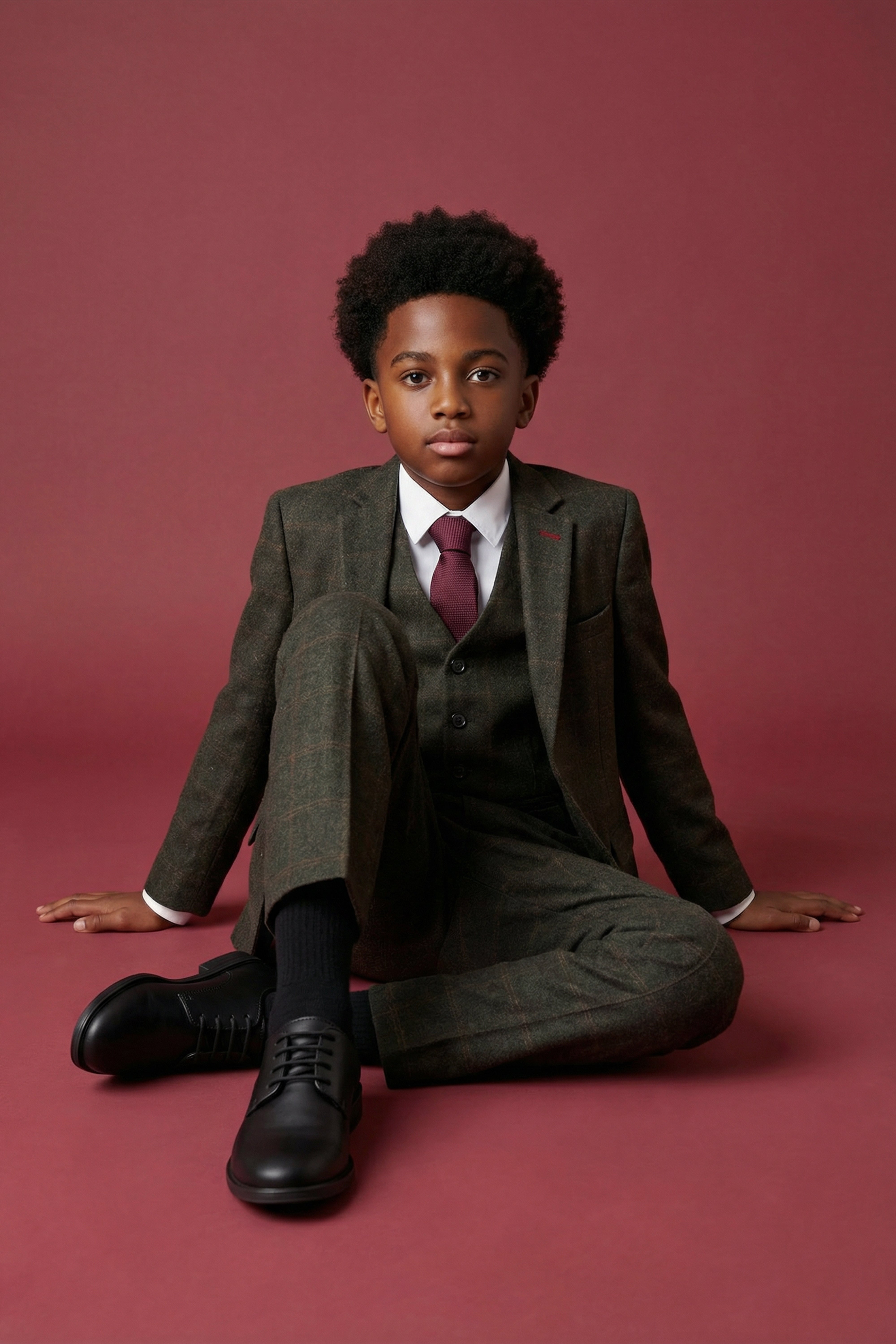 Father & Son Matching Windowpane Check Wool Tweed 3-Piece Suit Set - Joshua - Dark Green