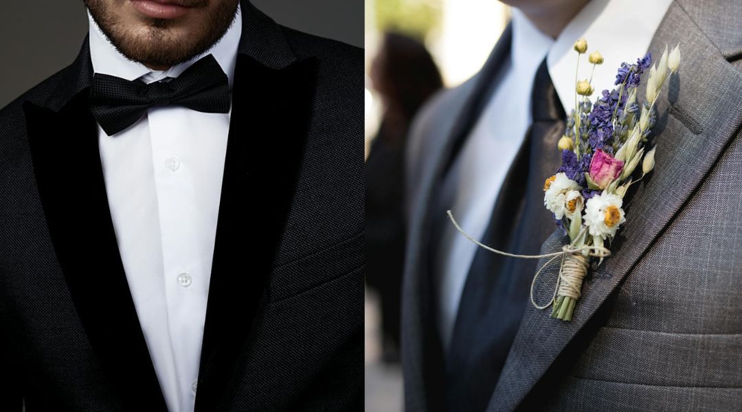 two men next to each other wearing a tie and bow tie