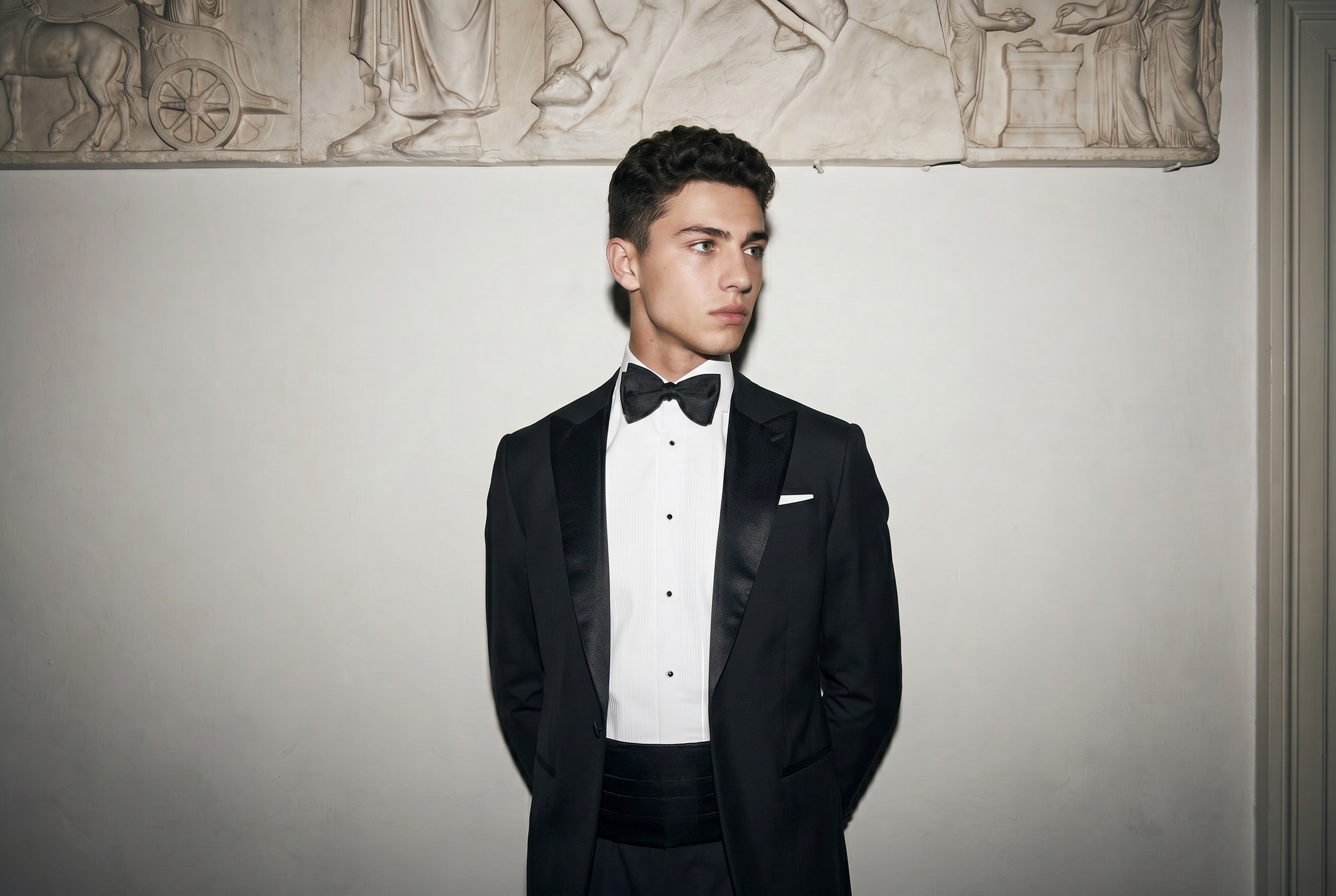A boy weariny a black tuxedo to prom.