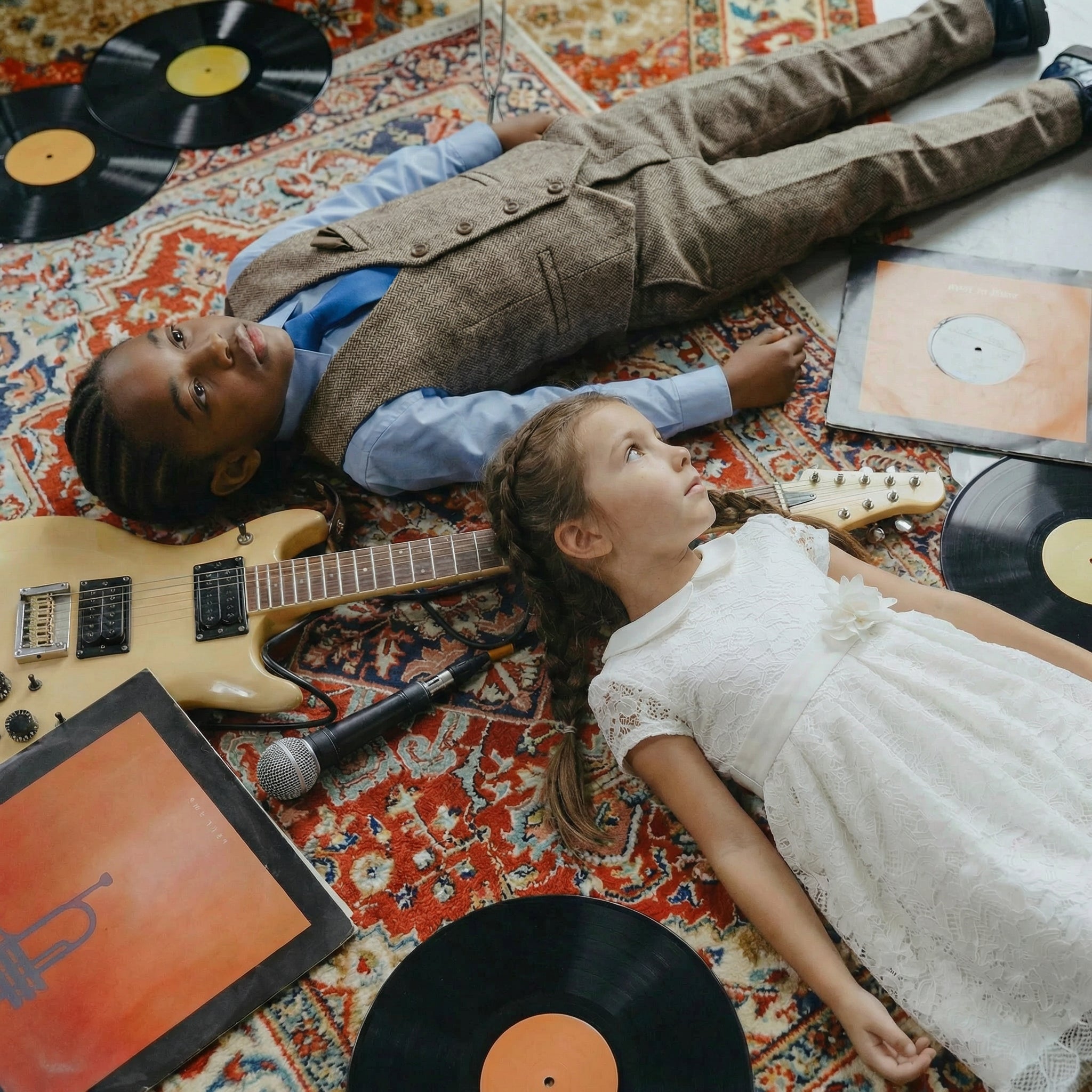 Two Stylish Kids in Vintage Clothes lying on a Carpet