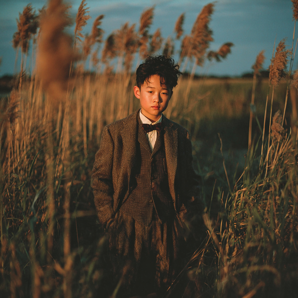 A boy standing in the field wearing an autumn formal outfit 
