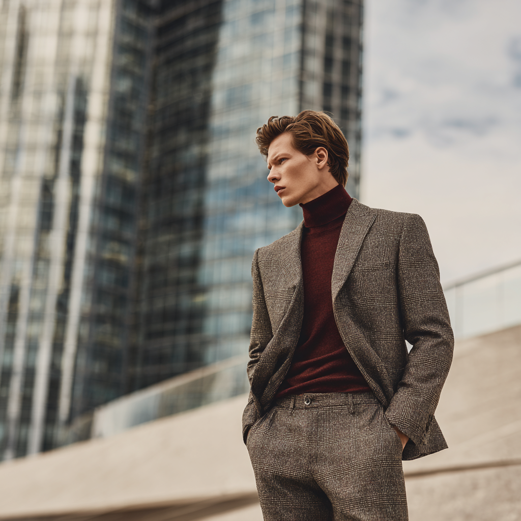 A man wearing a 2-piece grey tweed suit with burgundy roll neck jumper.