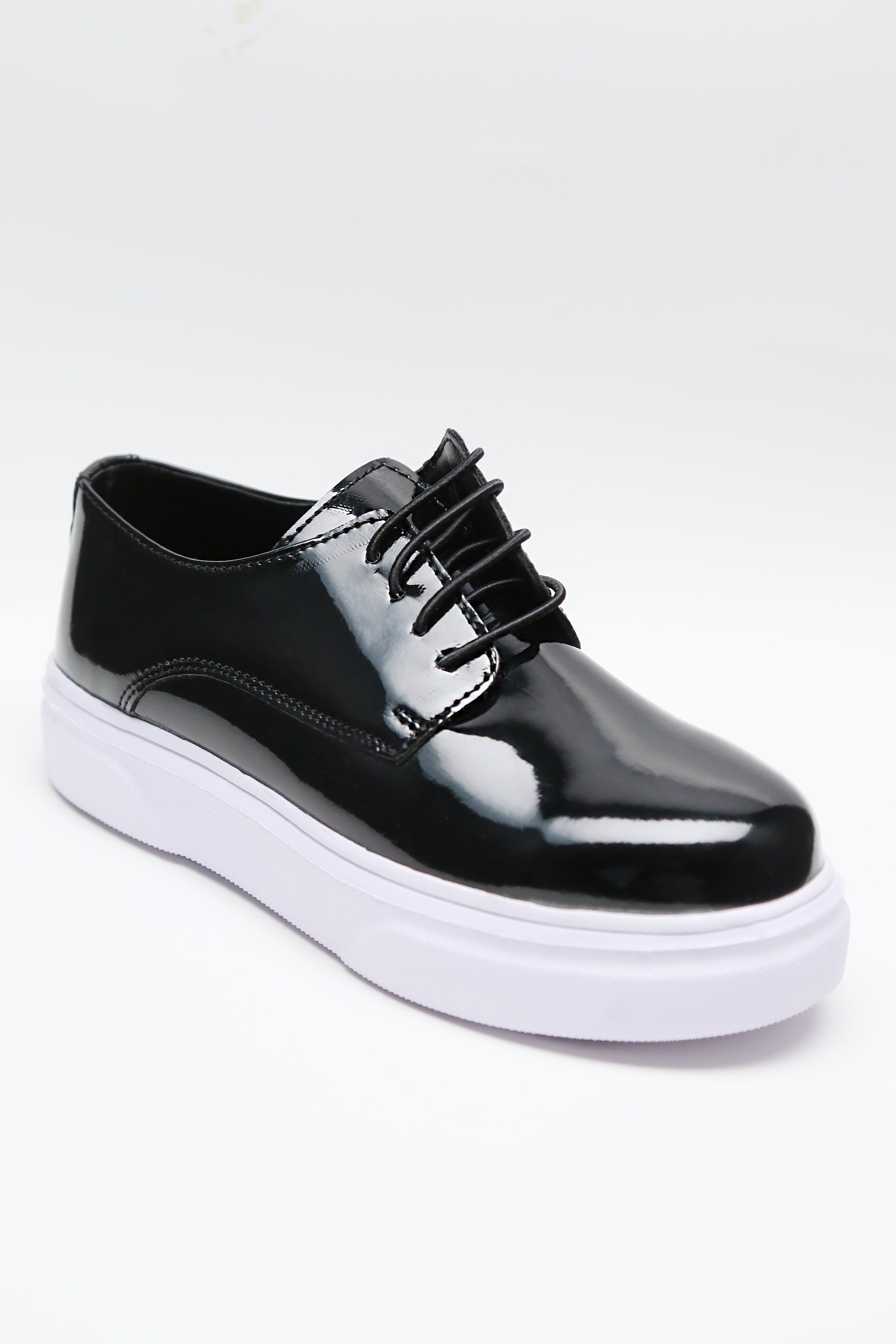 Boys Patent Black Lace-up Sneaker with White Thick Sole - Black