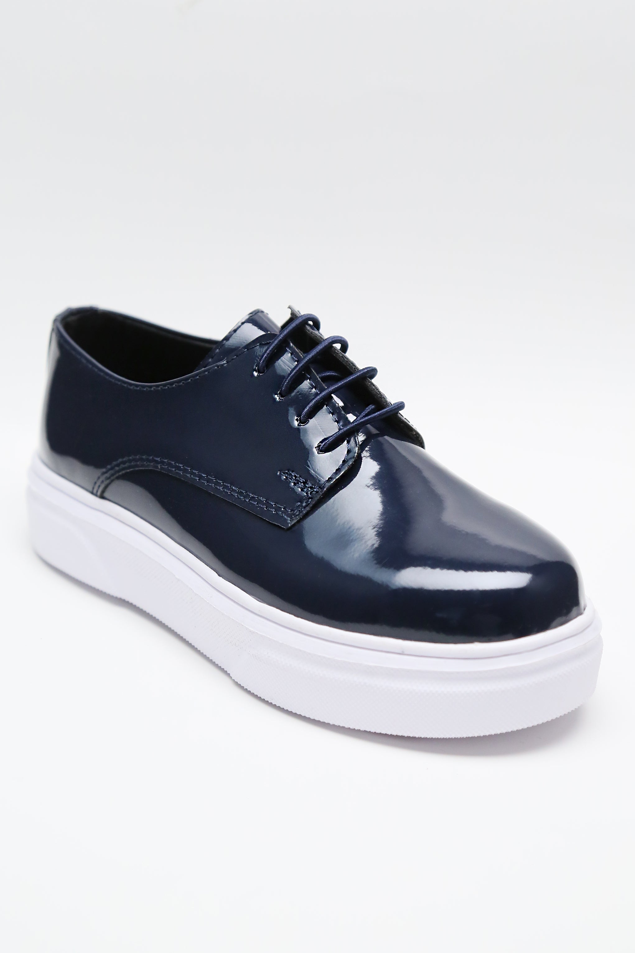 Boys Patent Black Lace-up Sneaker with White Thick Sole - Navy