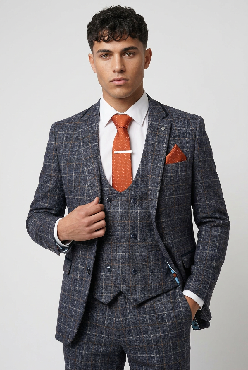 Men’s Navy Grey Check 3-Piece Suit with Double-Breasted Waistcoat