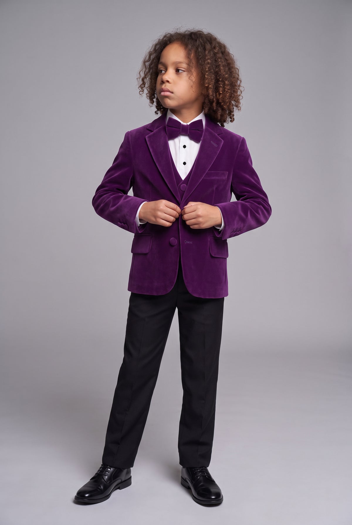 Boys Slim Fit Velvet Dinner Suit - 4-Piece & 5-Piece - SAVOY - Purple model front picture