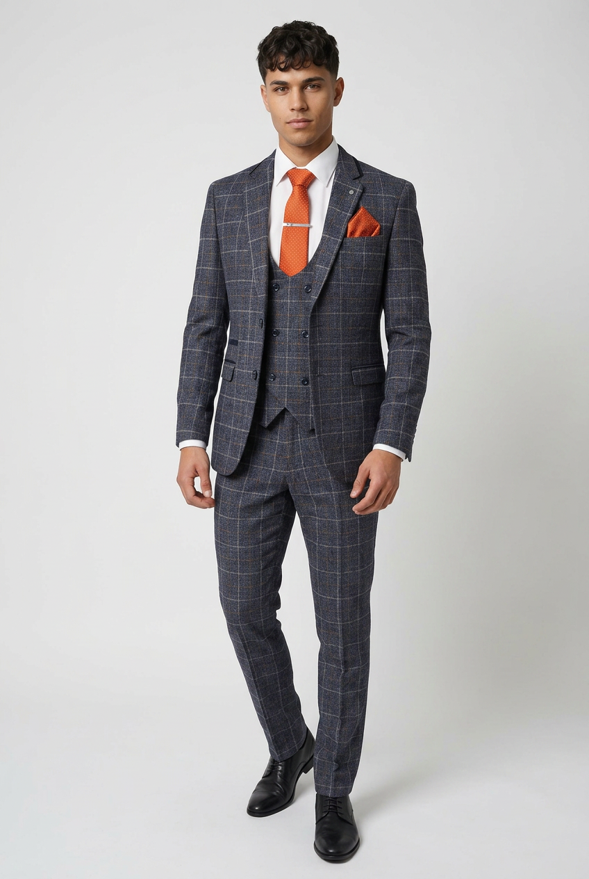 Men’s Navy Grey Check 3-Piece Suit with Double-Breasted Waistcoat