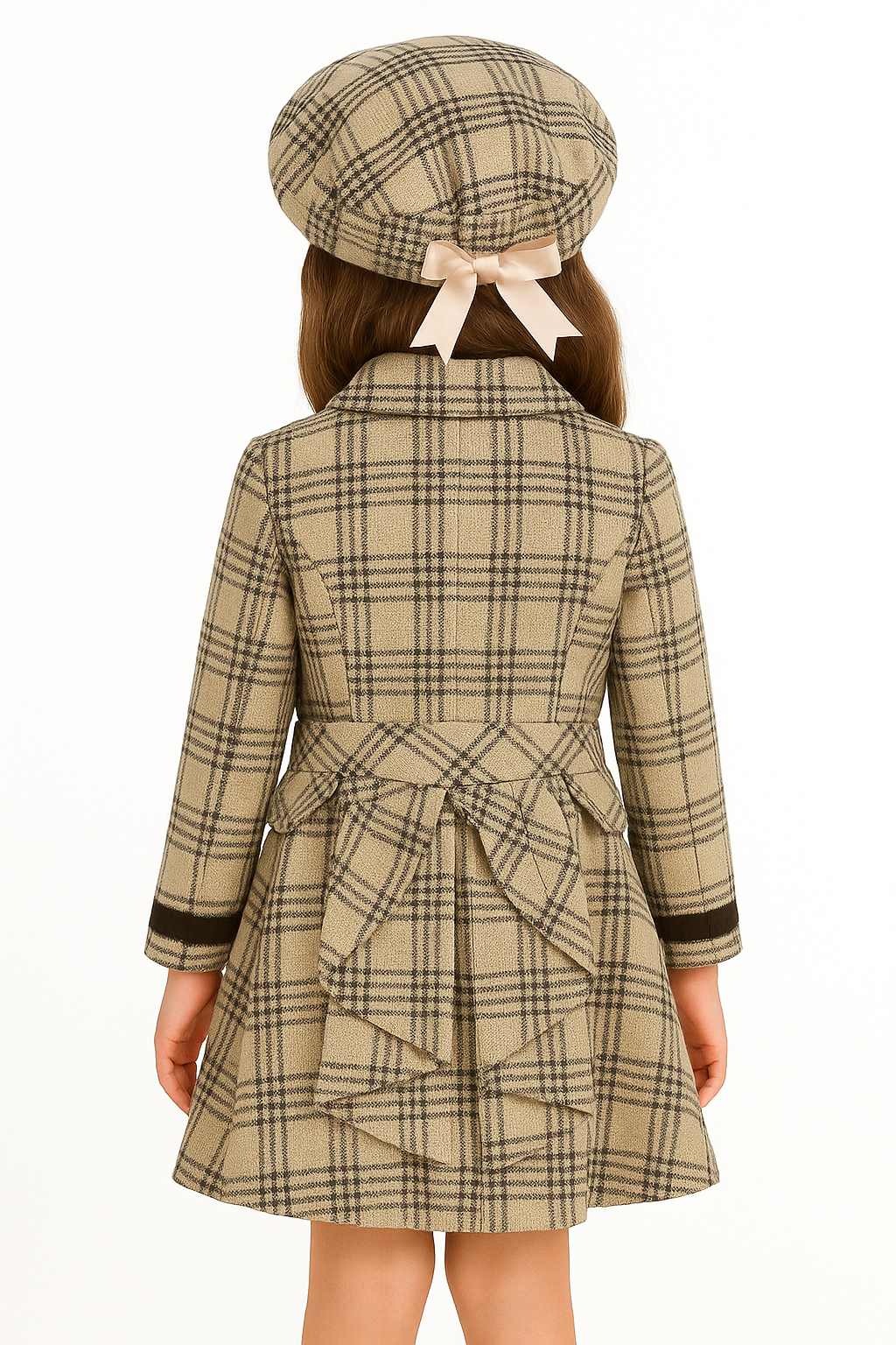 Girls' Beige Checkered Coat and Matching Bow Hat Set