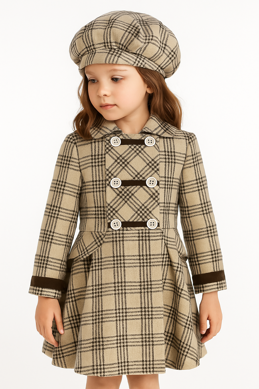 Girls' Beige Checkered Coat and Matching Bow Hat Set