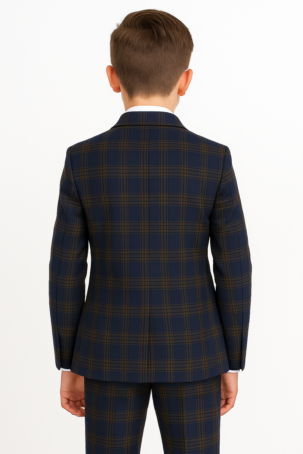 Boys Windowpane Check Tweed Tailored Fit Suit - Navy Blue - Brown