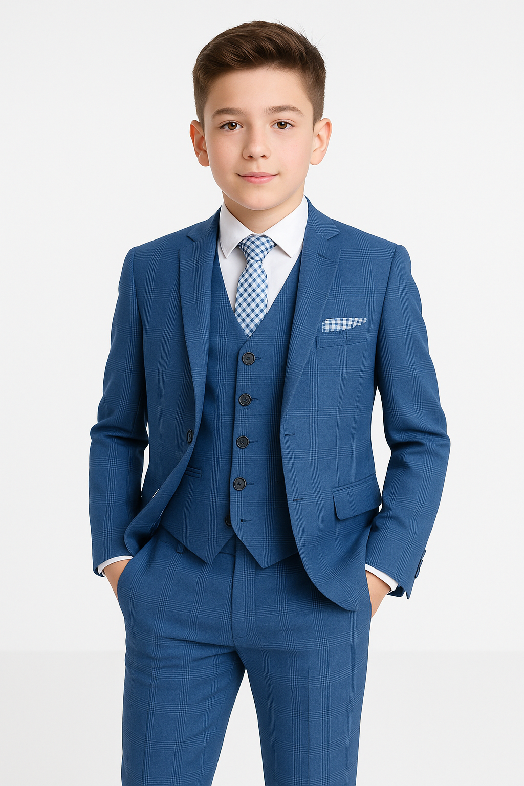 Boys Windowpane Check Tweed Tailored Fit Suit - Blue