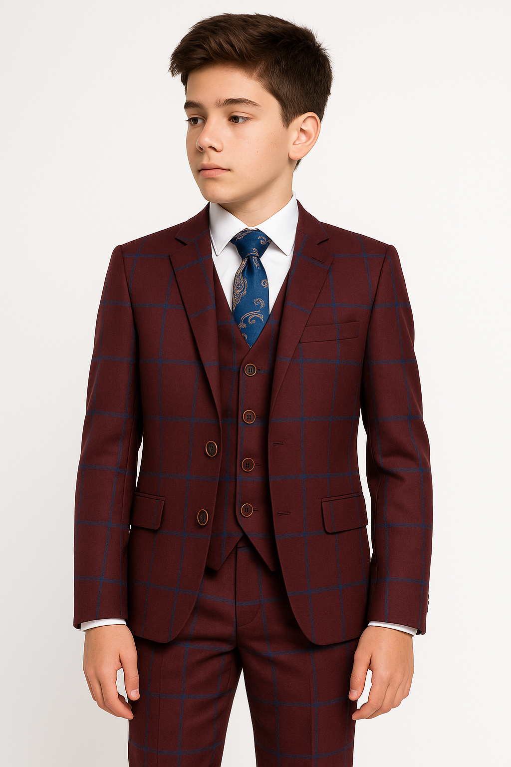 Boys Tailored Fit Windowpane Check Suit - DOMINIC - Burgundy - Blue Model Picture