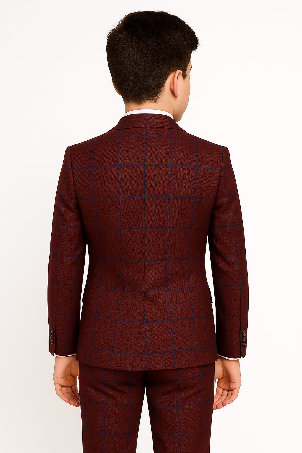 Boys Tailored Fit Windowpane Check Suit - DOMINIC - Burgundy - Blue Back Picture