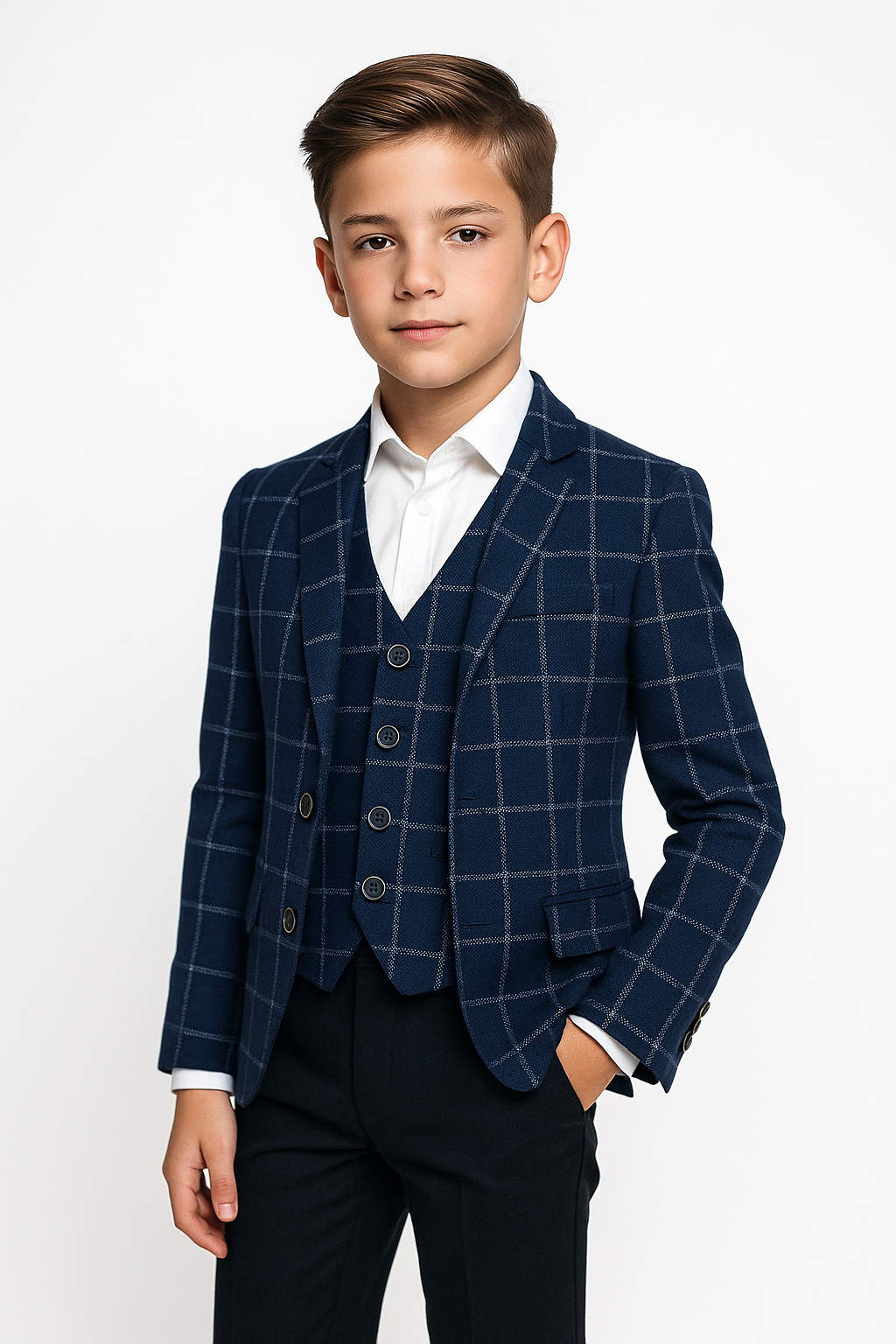 Boys Navy Checkered Blazer & Vest Set – Formal 2-Piece Suit