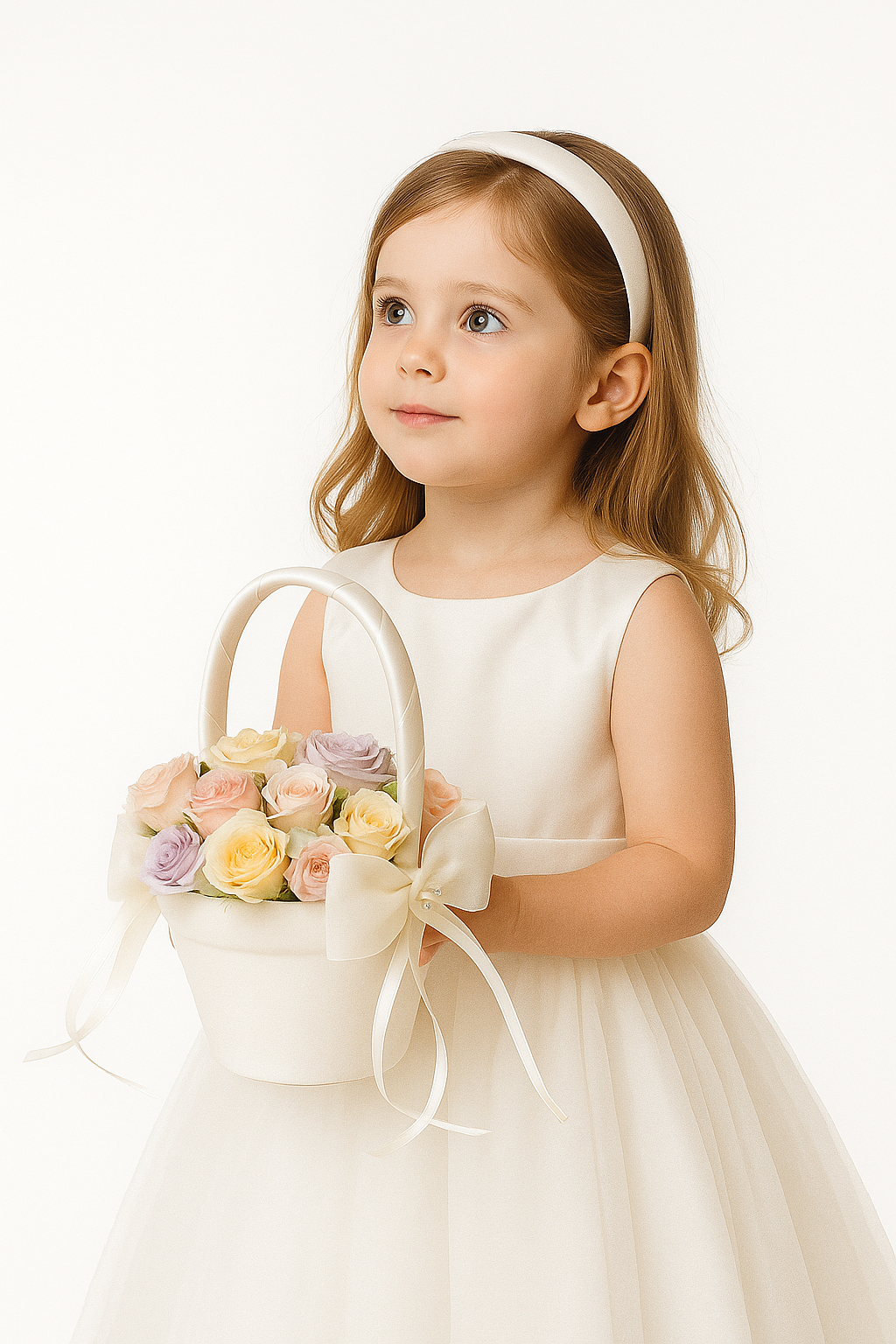 Flower Girl Basket with Bow and Pearl Accents - GBK115 - Ivory