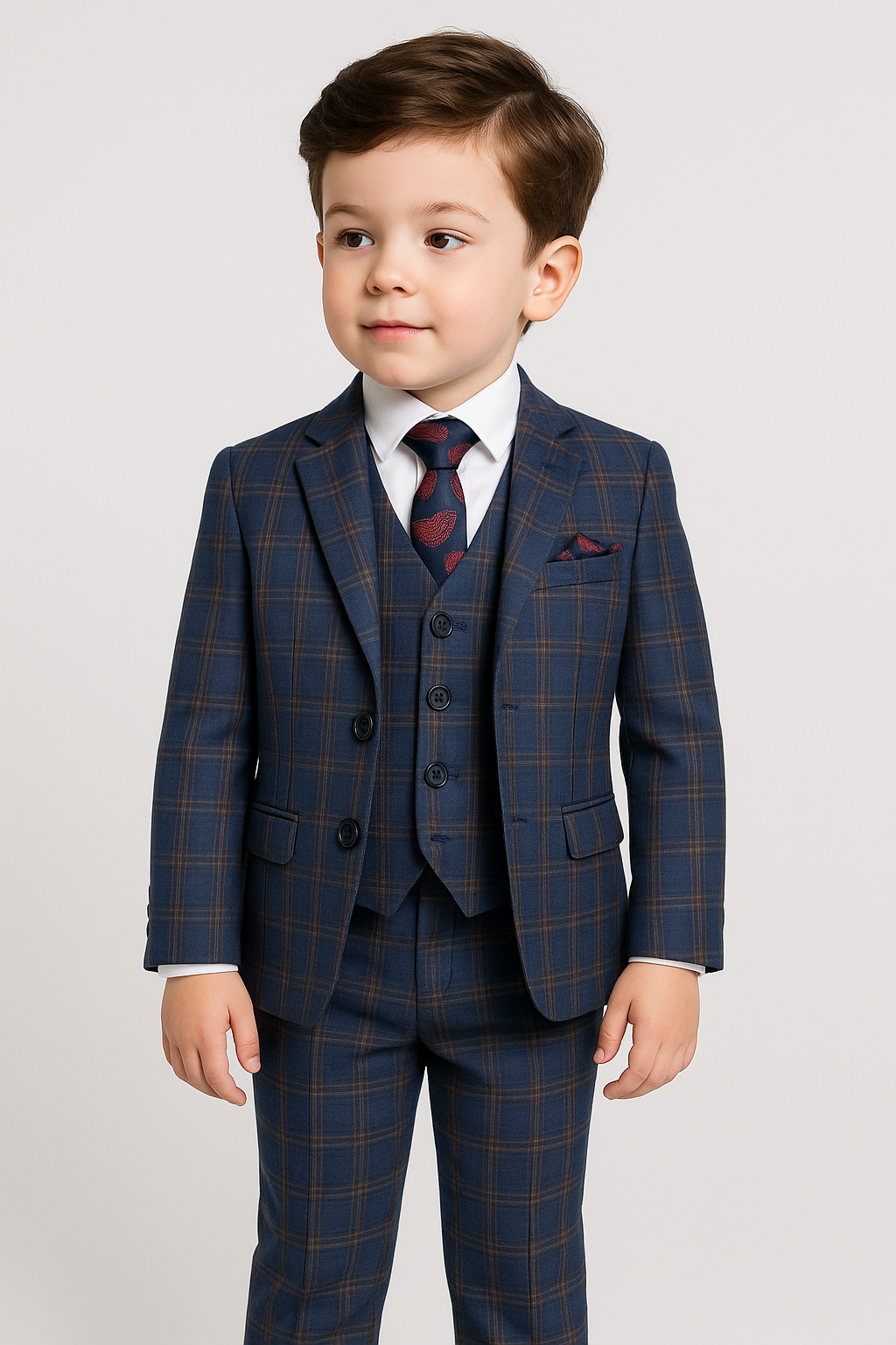Boys Tailored Fit Retro Check Navy Suit - Navy Blue - Gold - Maroon