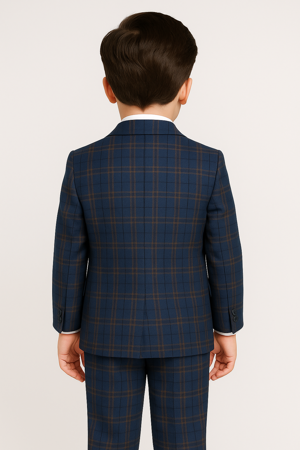 Boys Tailored Fit Retro Check Navy Suit - Navy Blue - Gold - Maroon