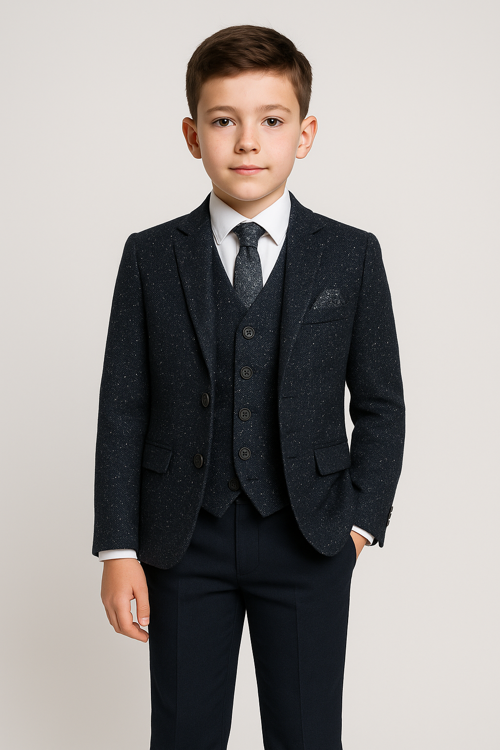 Boys Tailored Fit Tweed Suit with Chino - COSMO Navy - Navy Blue
