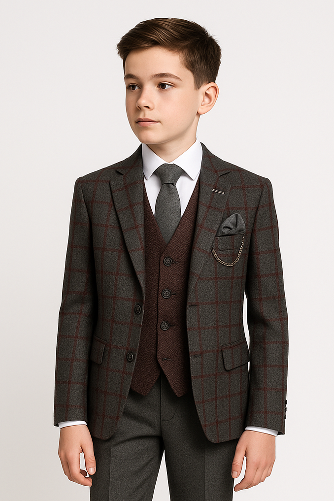 Boys Tailored Fit Windowpane Retro Check Suit - Grey - Burgundy
