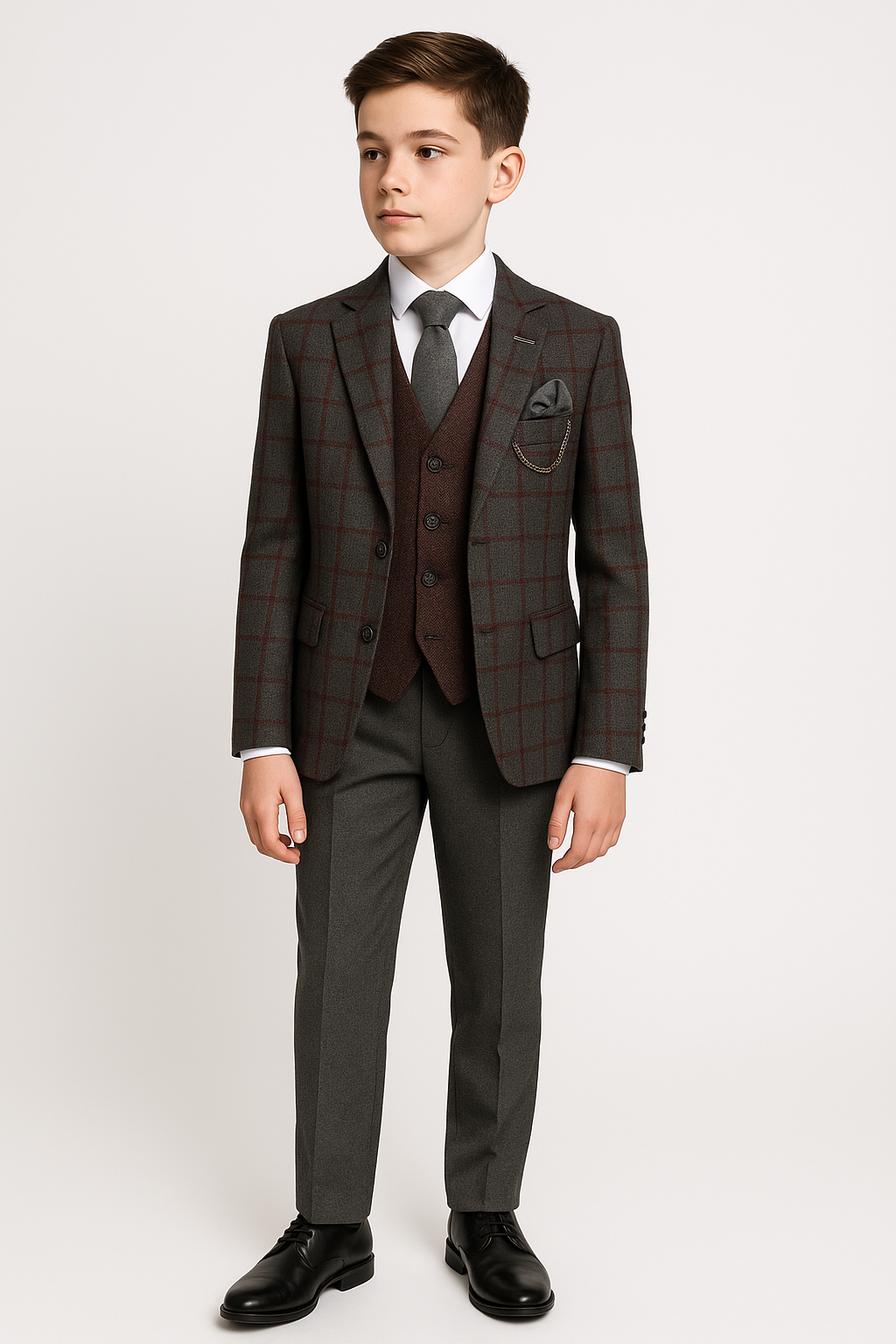 Boys Tailored Fit Windowpane Retro Check Suit - Grey - Burgundy