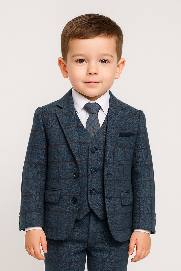 Boys Tailored Fit Herringbone Tweed Check Blue Suit - Blue