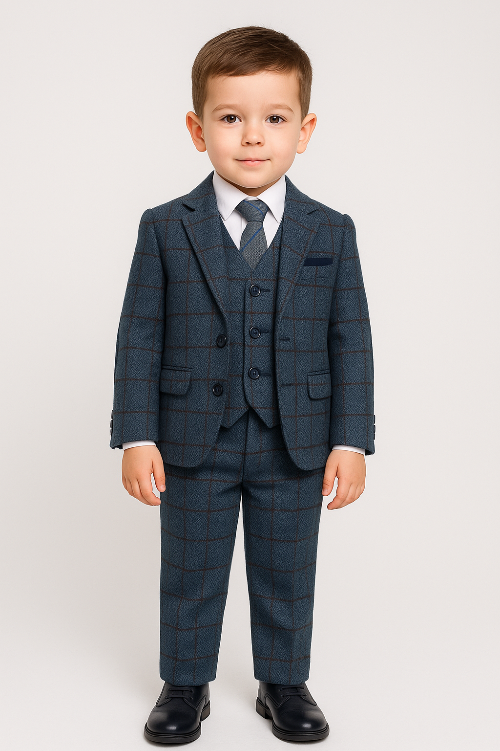 Boys Tailored Fit Herringbone Tweed Check Blue Suit - Blue