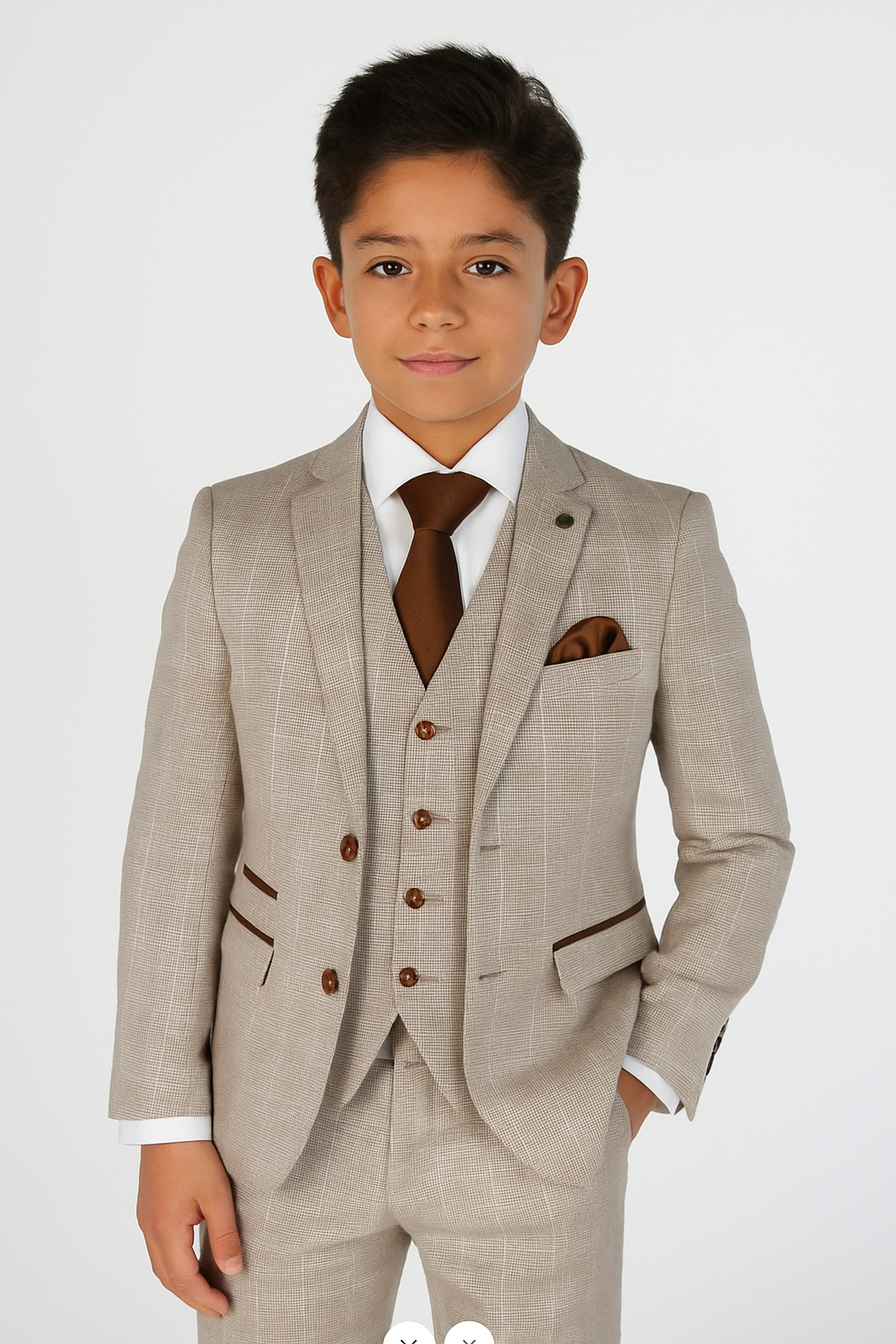 Boys’ Tailored Fit Tweed Check Suit – LEO - Beige