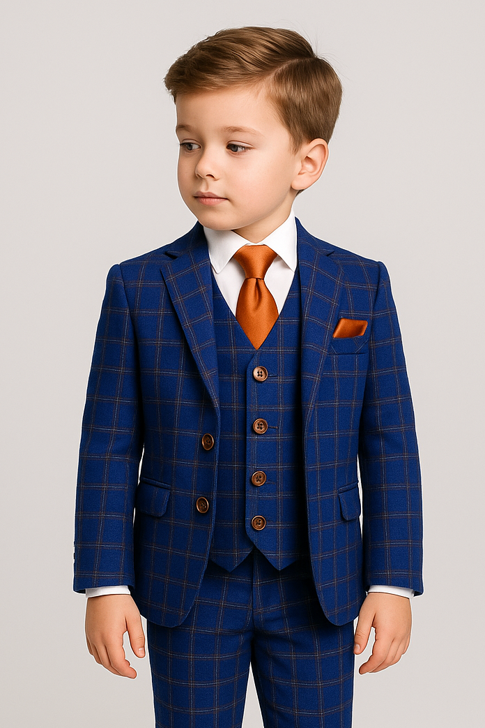 Boys Slim Fit Royal Blue Retro Check Suit - Royal Blue- Brown