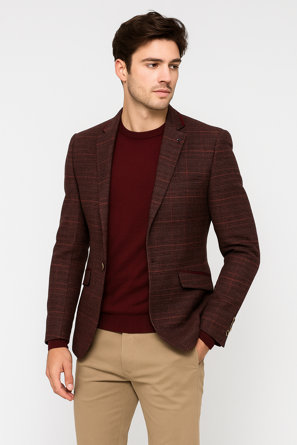 Men's Slim Fit Retro Tweed Blazer - CARLY - Wine