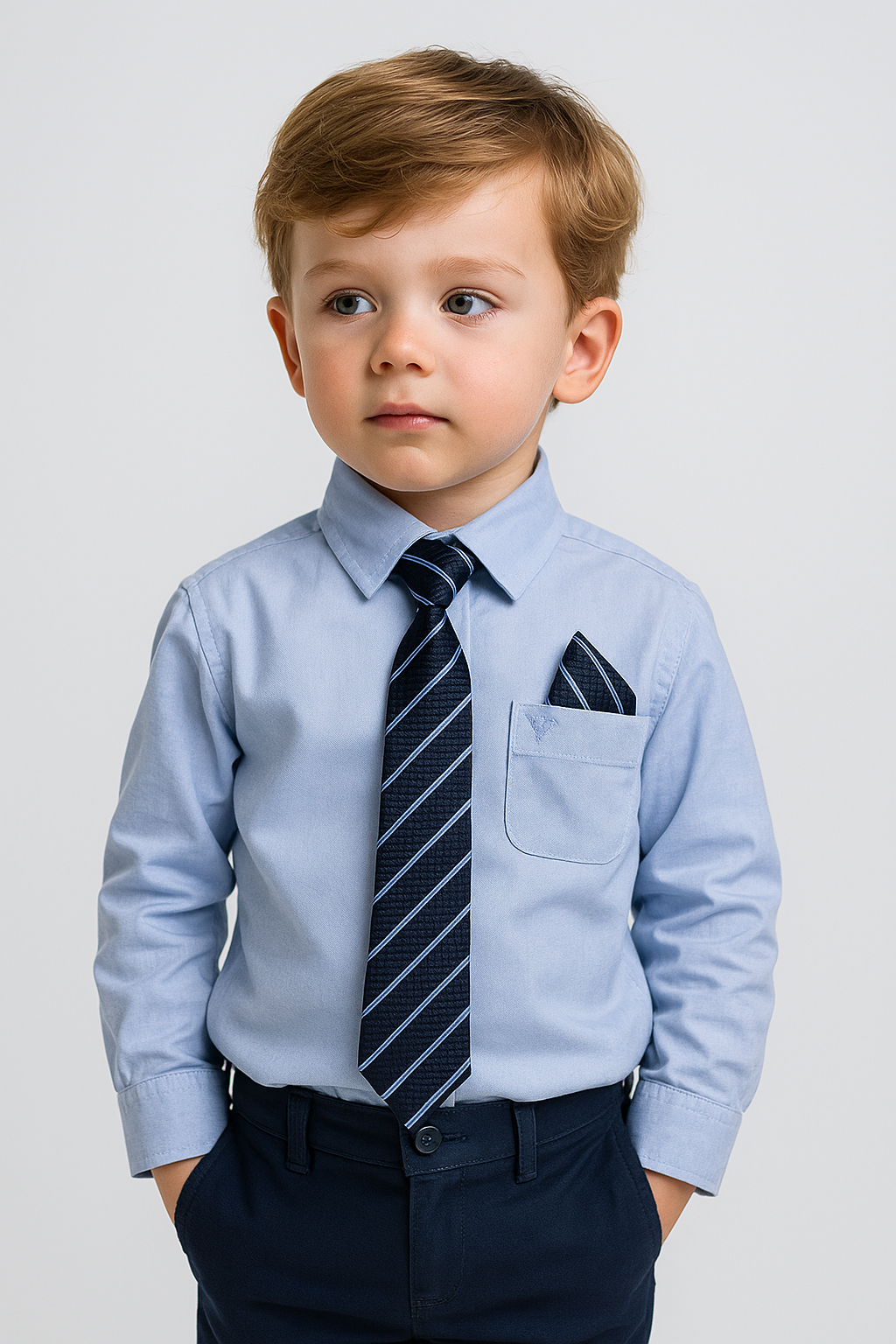 Boys Cotton Blend Long Sleeve Shirt, Tie & Hanky Set - Blue - Patterned Tie