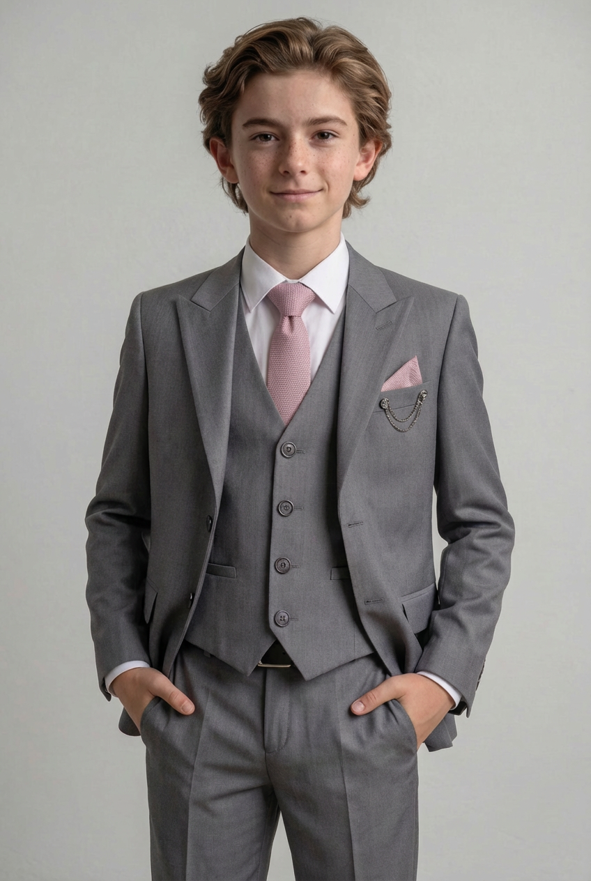 Boys 7-Piece Slim Fit Twill Suit - GREY
