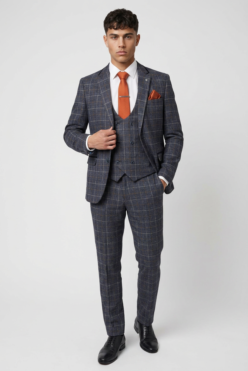 Men’s Navy Grey Check 3-Piece Suit with Double-Breasted Waistcoat