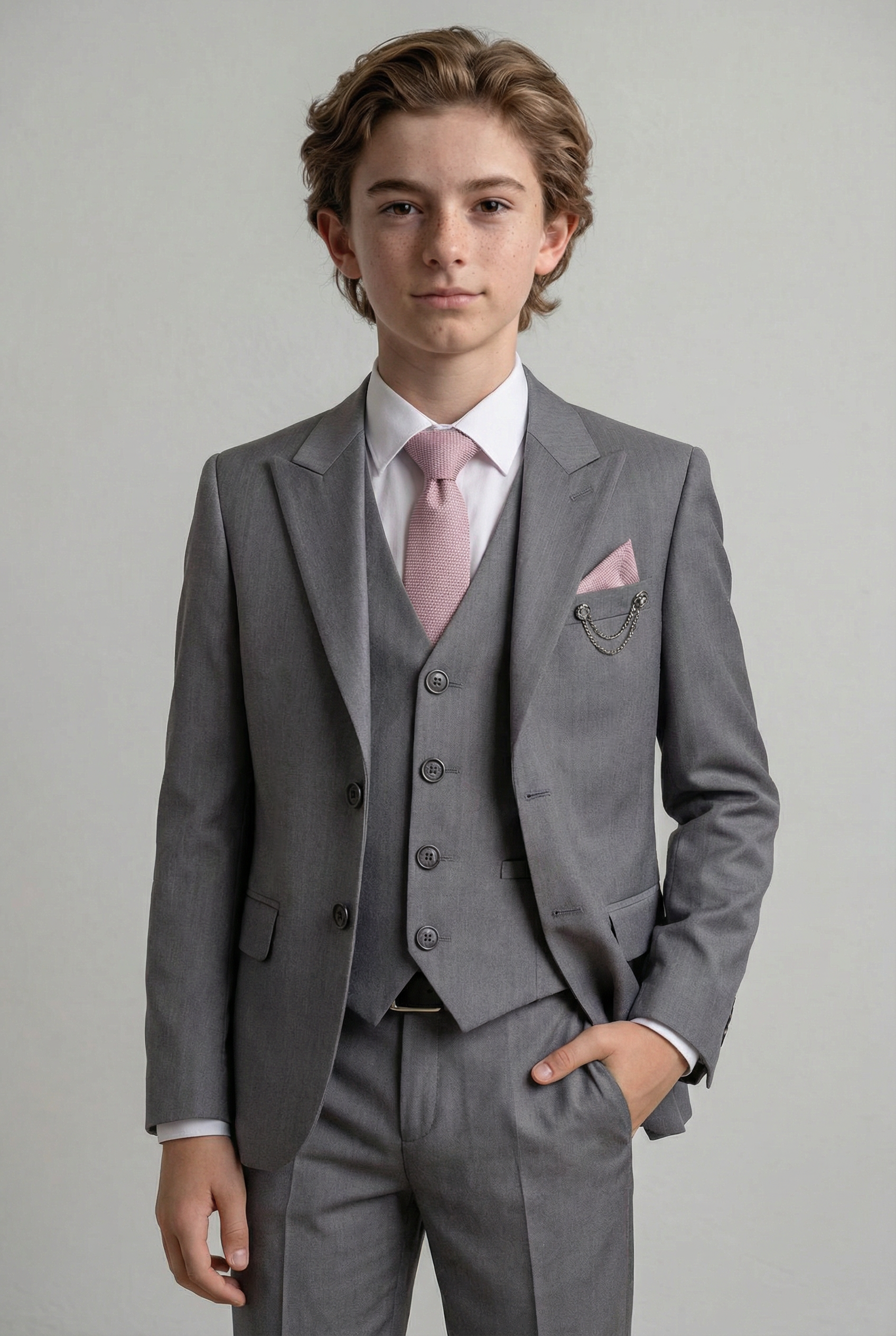 Boys 7-Piece Slim Fit Twill Suit - GREY