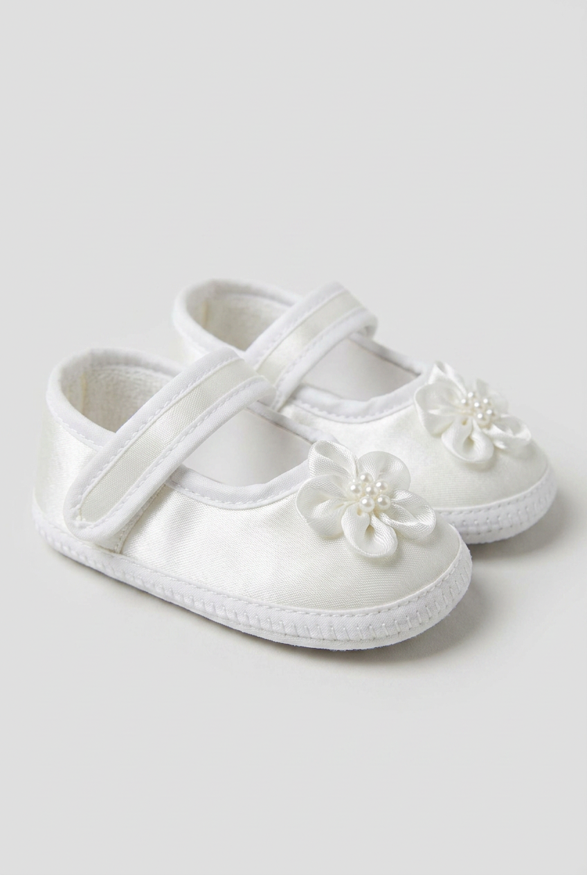 Baby Girls Satin Flower Pram Shoes - White